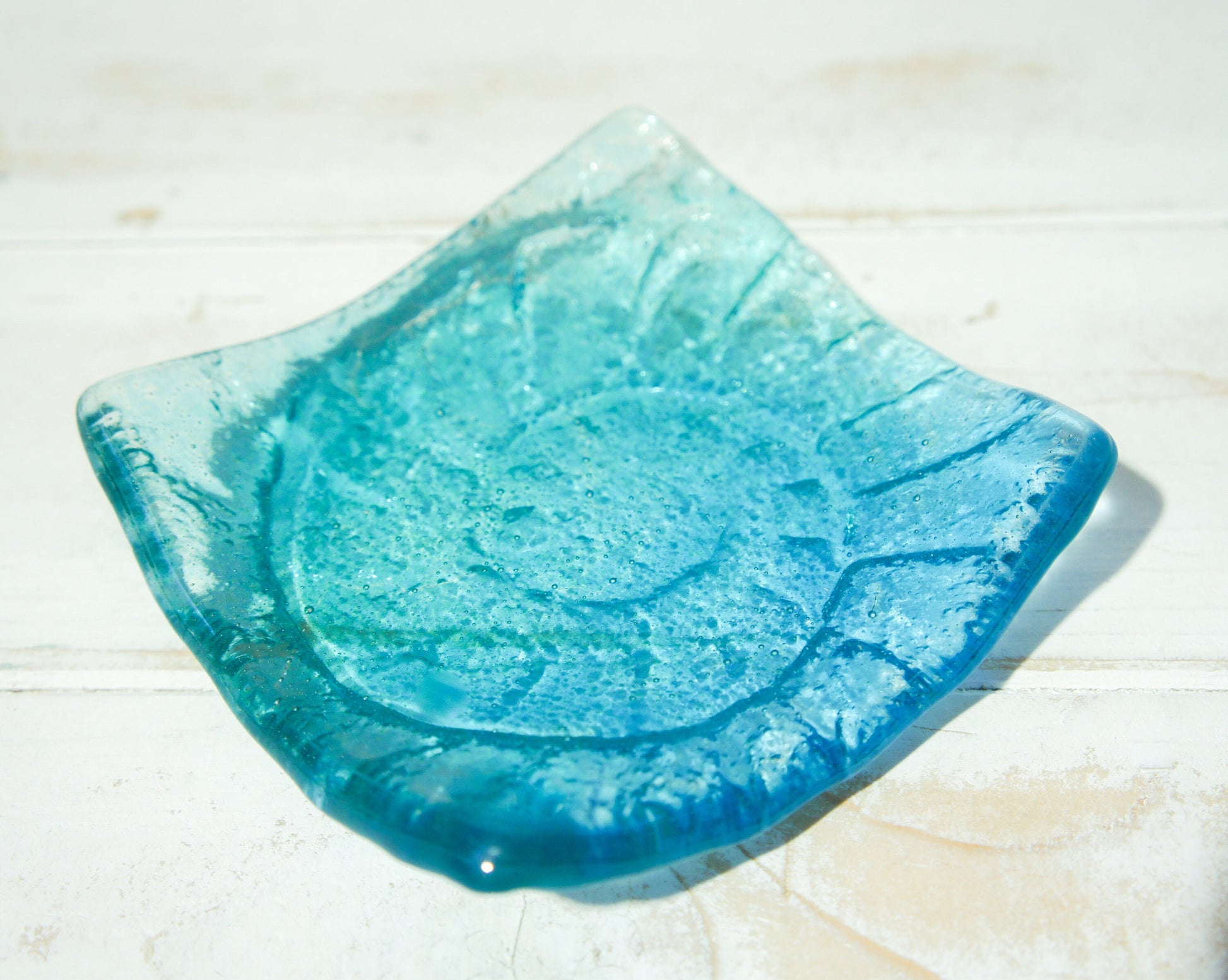 Ammonite Turquoise Blue handmade Ring Dish 10cm, fused glass trinket, ammonite ring dish, fossil handmade dish, teal dish, seabed dish, ring holder, turquoise dish, coastal dish