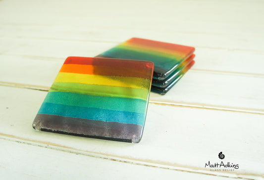 4 Rainbow Glass Coasters | Multicoloured Stripe Rainbow Fused Glass Coasters | rainbow coaster | Set of 4 Glass Coasters 10x10cm / 4x4"