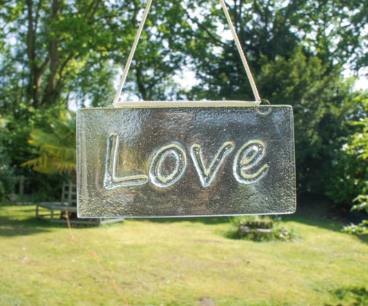 Love Suncatcher 20x10cm(8x4")| Love Sign Fused Glass Clear Hanging Suncatcher | love word sign | Handmade Window Decoration Art