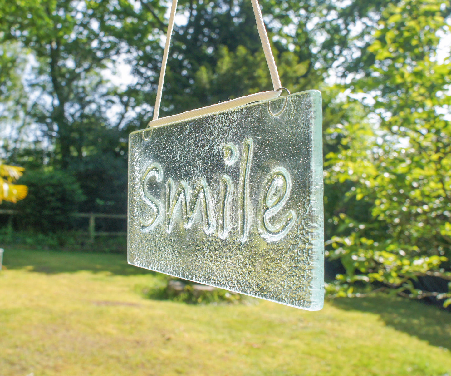 Smile Suncatcher 20x10cm(8x4")| Smile Sign Fused Glass Clear Hanging Suncatcher | smile word sign | Handmade Window Decoration Art