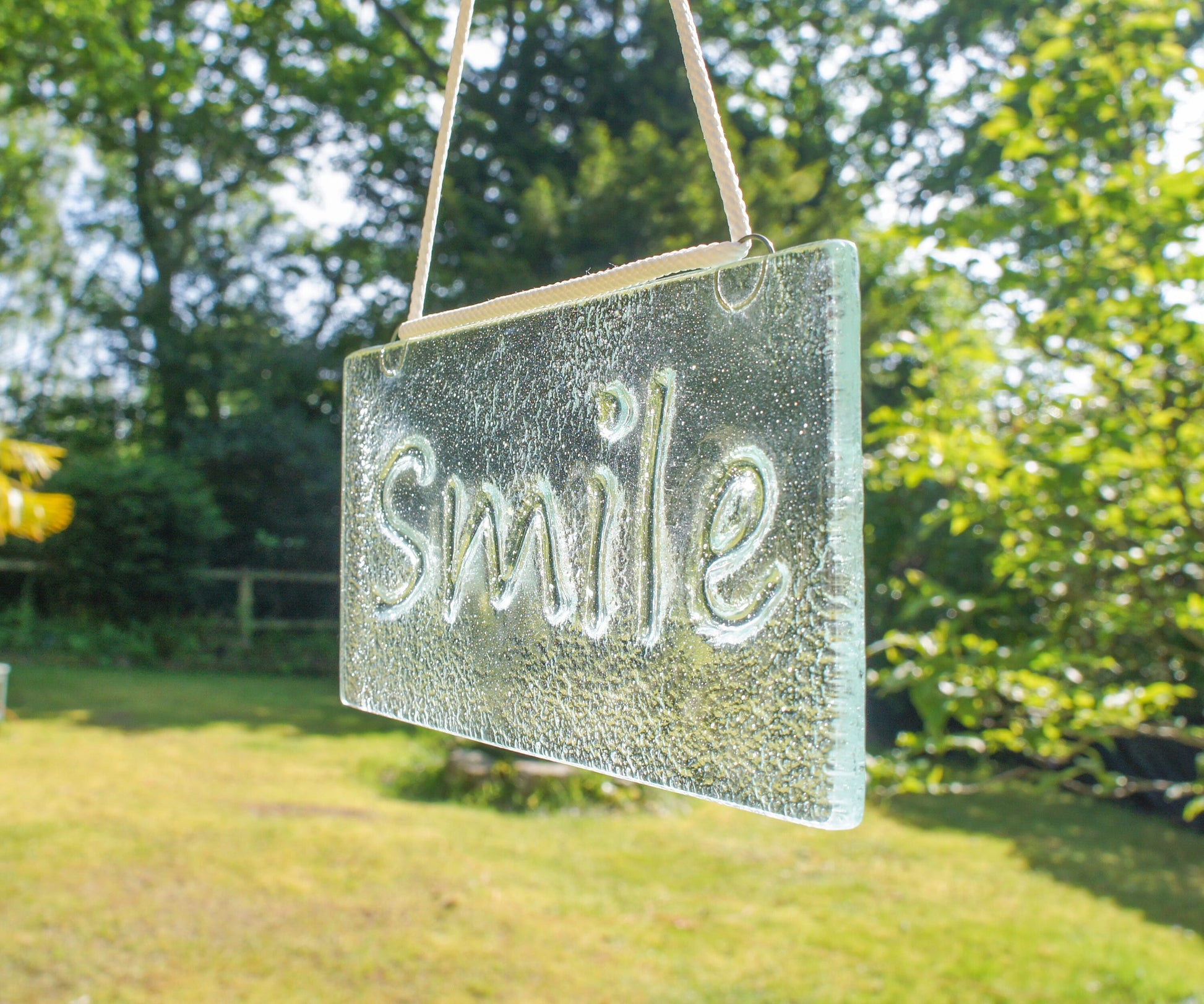Smile Suncatcher 20x10cm(8x4"), Smile Sign Fused Glass Clear Hanging Suncatcher, Handmade Window Decoration Art, gifts, housewarming gifts