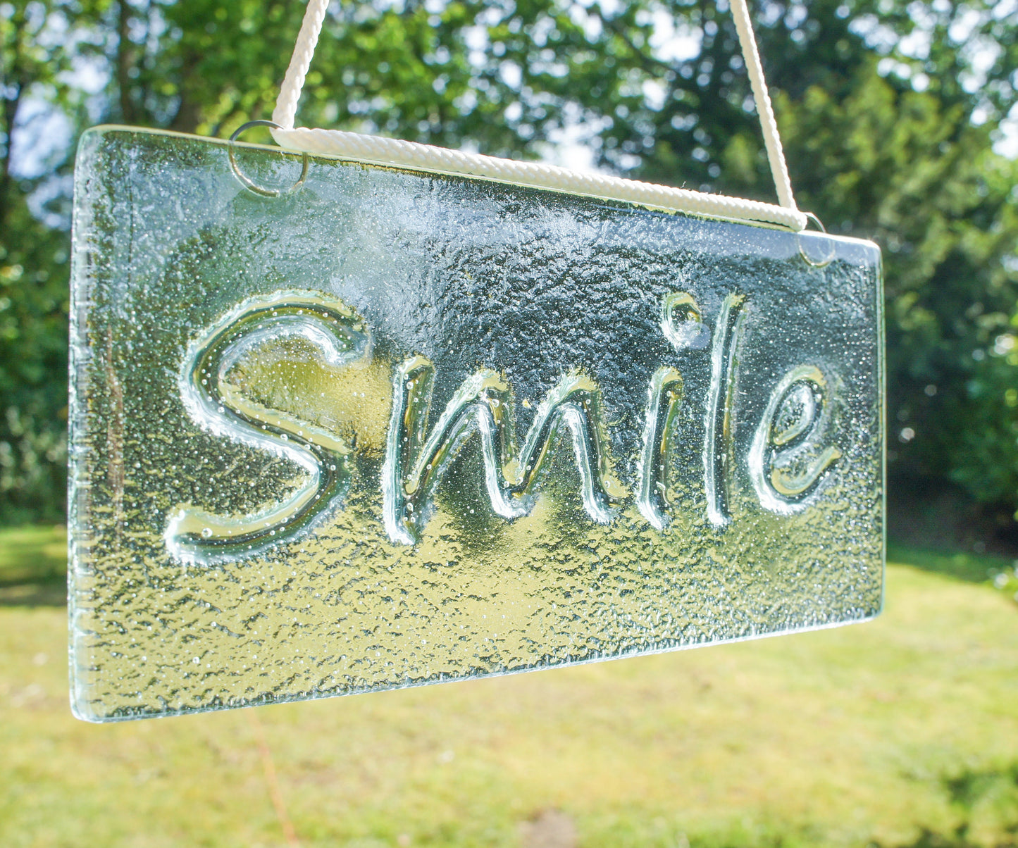 Smile Suncatcher 20x10cm(8x4")| Smile Sign Fused Glass Clear Hanging Suncatcher | smile word sign | Handmade Window Decoration Art