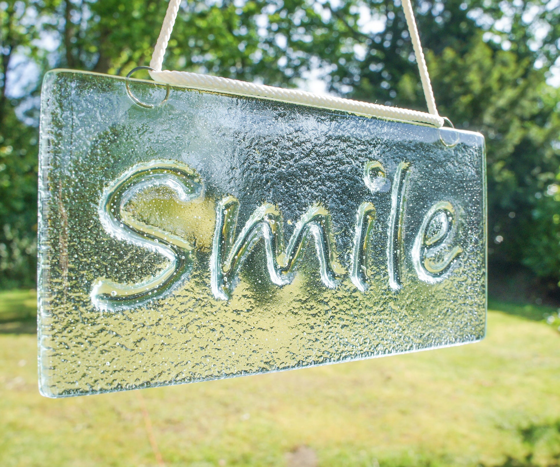 Smile Suncatcher 20x10cm(8x4"), Smile Sign Fused Glass Clear Hanging Suncatcher, Handmade Window Decoration Art, gifts, housewarming gifts