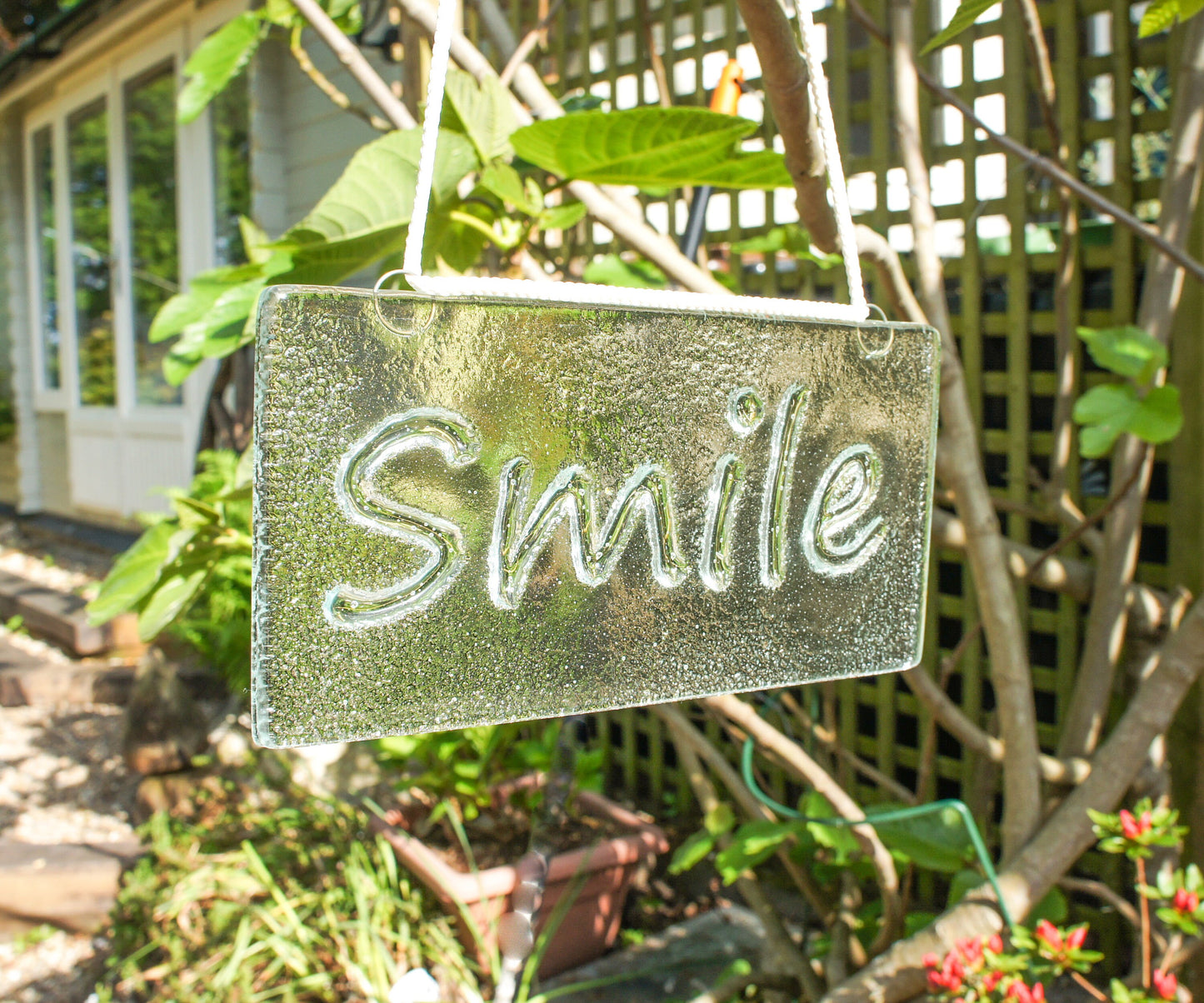 Smile Suncatcher 20x10cm(8x4"), Smile Sign Fused Glass Clear Hanging Suncatcher, Handmade Window Decoration Art, gifts, housewarming gifts