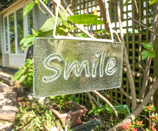 Smile Suncatcher 20x10cm(8x4"), Smile Sign Fused Glass Clear Hanging Suncatcher, Handmade Window Decoration Art, gifts, housewarming gifts
