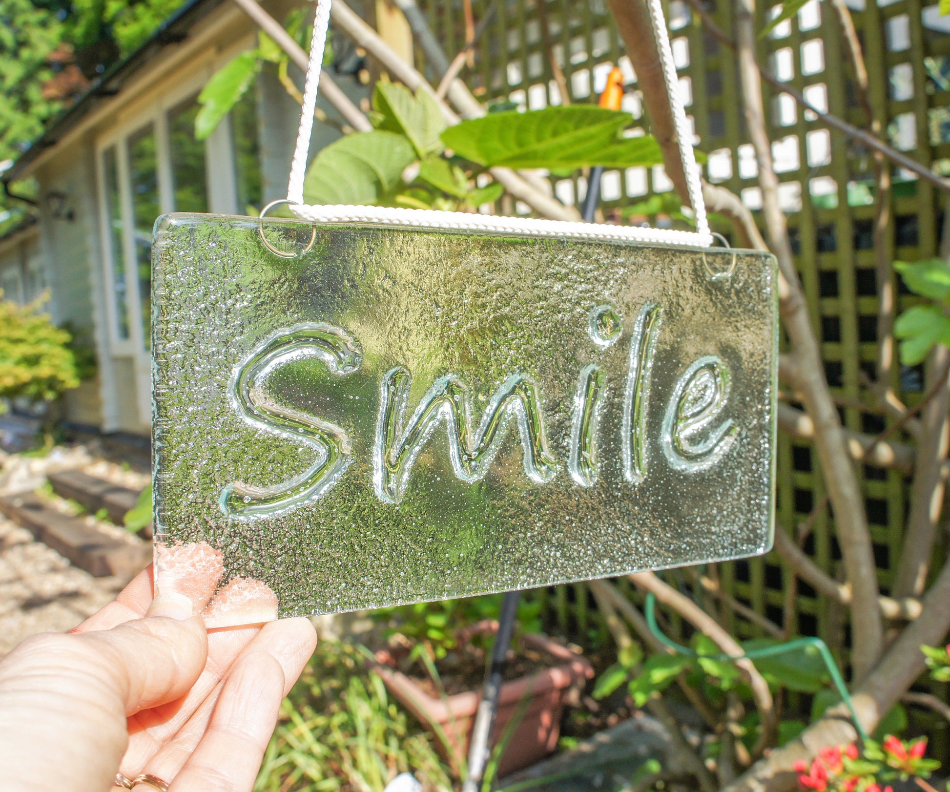 Smile Suncatcher 20x10cm(8x4")| Smile Sign Fused Glass Clear Hanging Suncatcher | smile word sign | Handmade Window Decoration Art