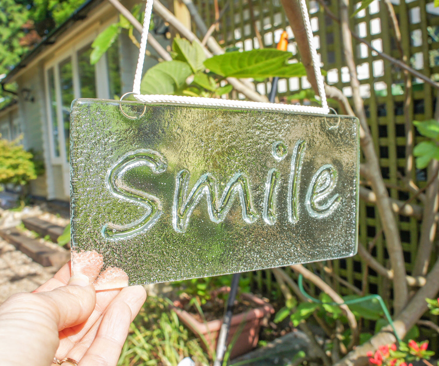 Smile Suncatcher 20x10cm(8x4"), Smile Sign Fused Glass Clear Hanging Suncatcher, Handmade Window Decoration Art, gifts, housewarming gifts