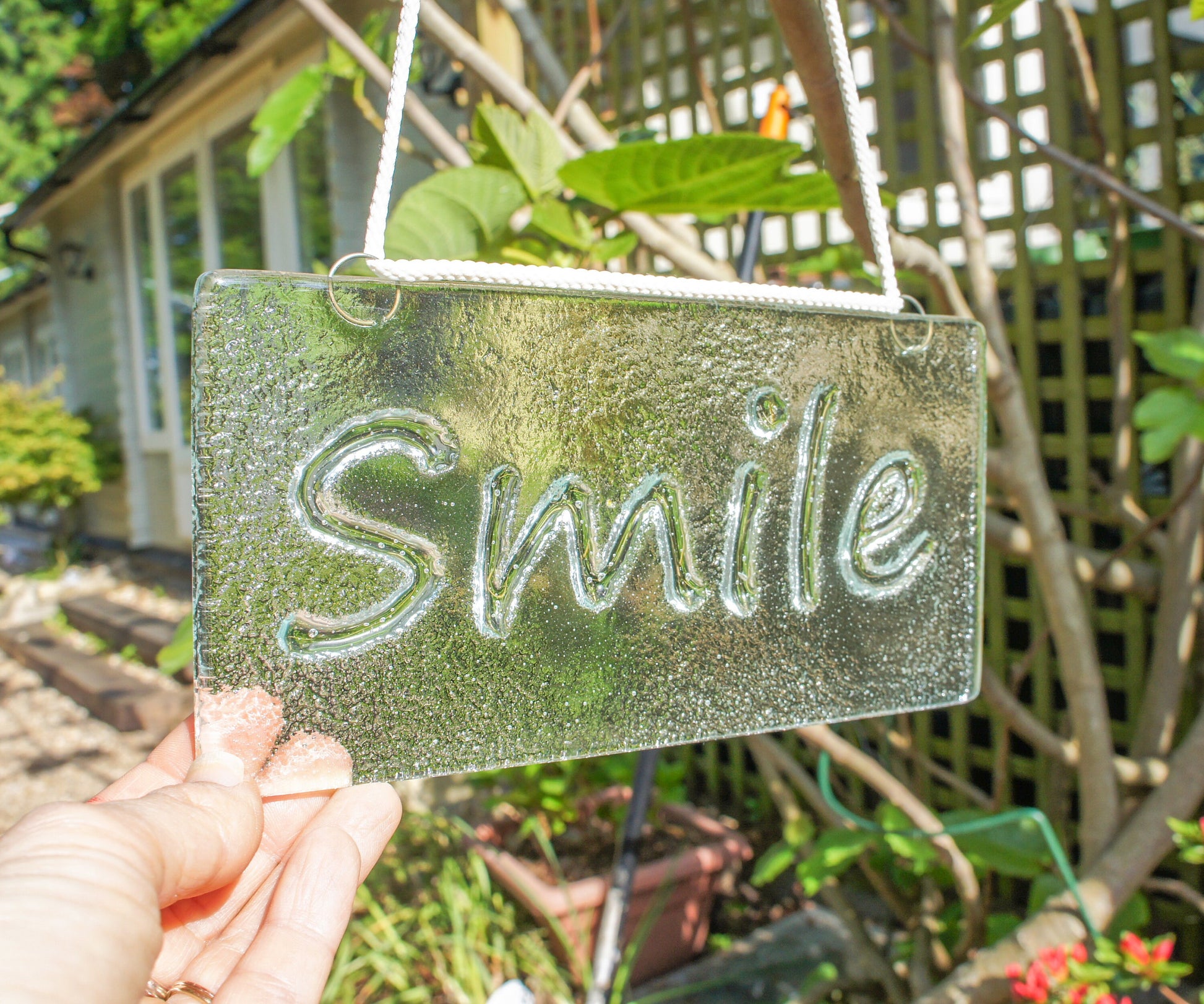 Smile Suncatcher 20x10cm(8x4"), Smile Sign Fused Glass Clear Hanging Suncatcher, Handmade Window Decoration Art, gifts, housewarming gifts