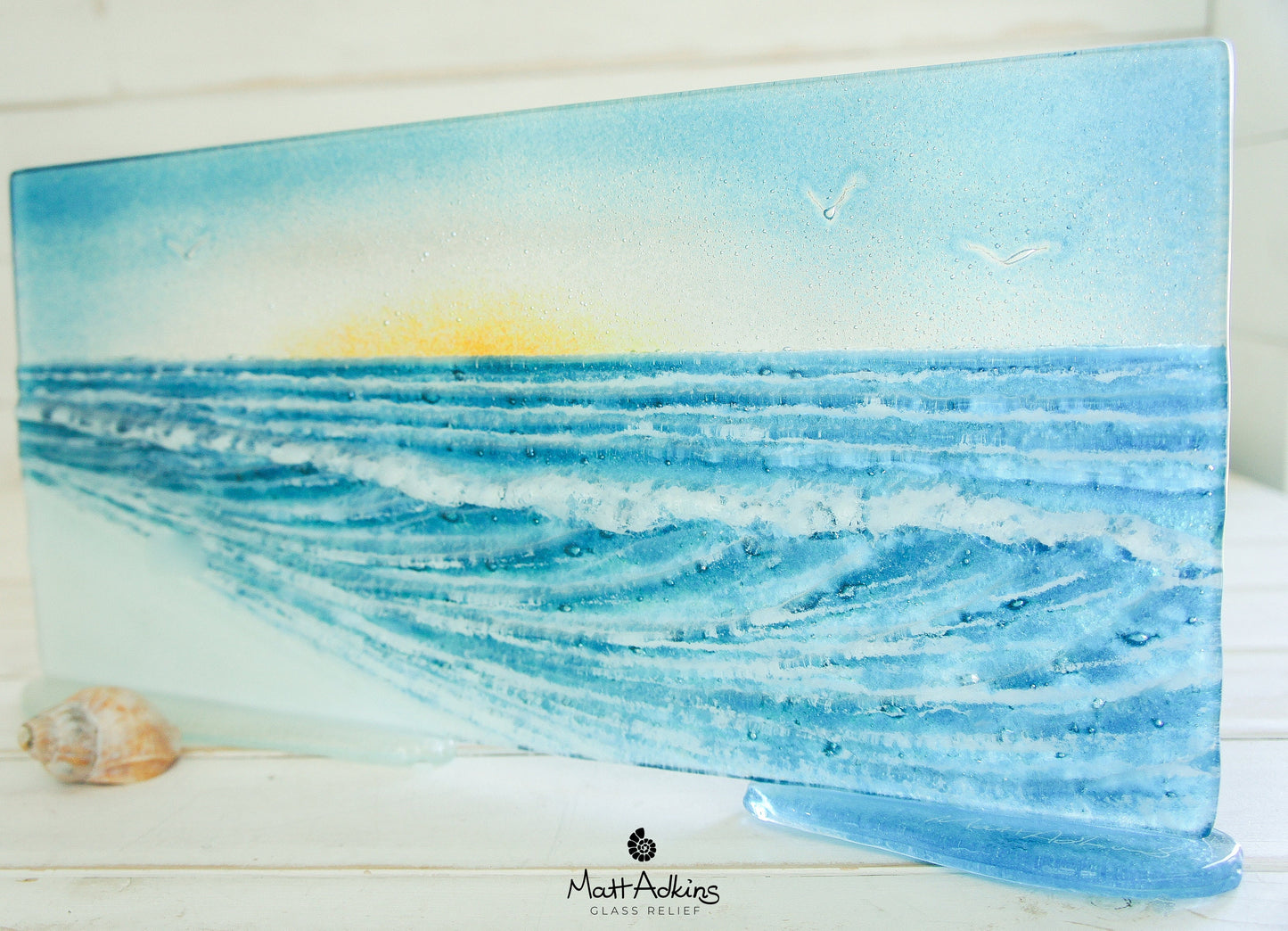 Wave Glass Art Sun 40x20cm(16x8"), Turquoise Teal Wave Panel Stand Seagulls, Fused Glass Ocean, Fused Glass Art, Sea Glass Art