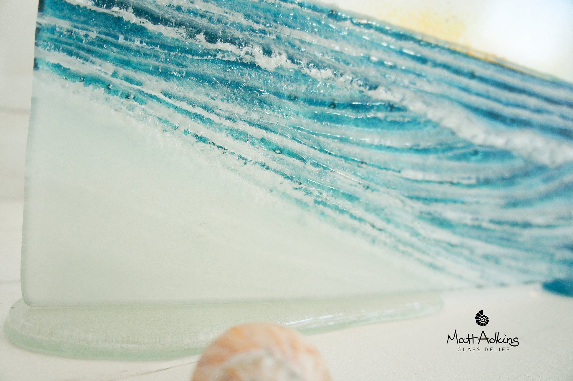 Wave Glass Art Sun 40x20cm(16x8"), Turquoise Teal Wave Panel Stand Seagulls, Fused Glass Ocean, Fused Glass Art, Sea Glass Art