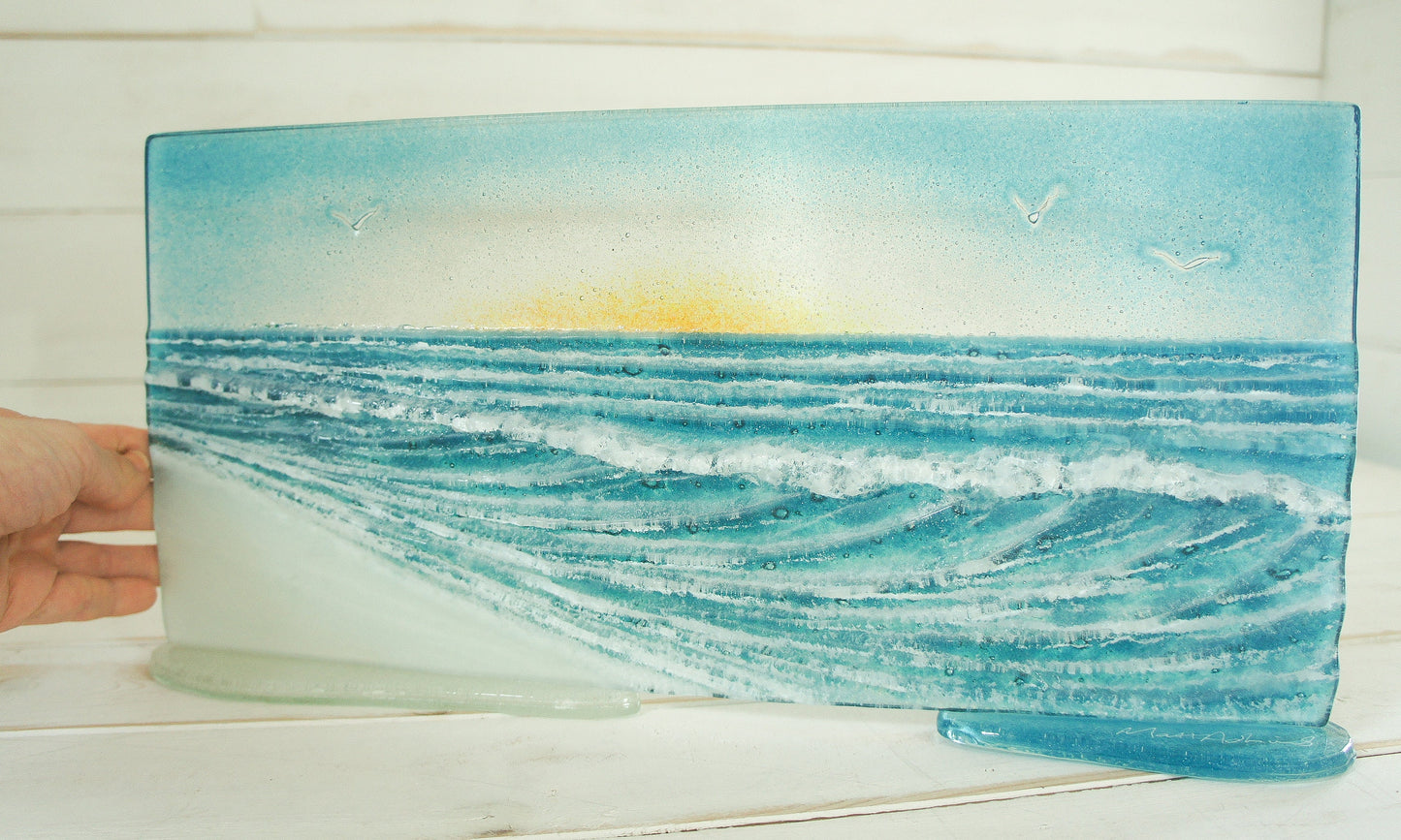 Wave Glass Art Sun 40x20cm(16x8"), Turquoise Teal Wave Panel Stand Seagulls, Fused Glass Ocean, Fused Glass Art, Sea Glass Art