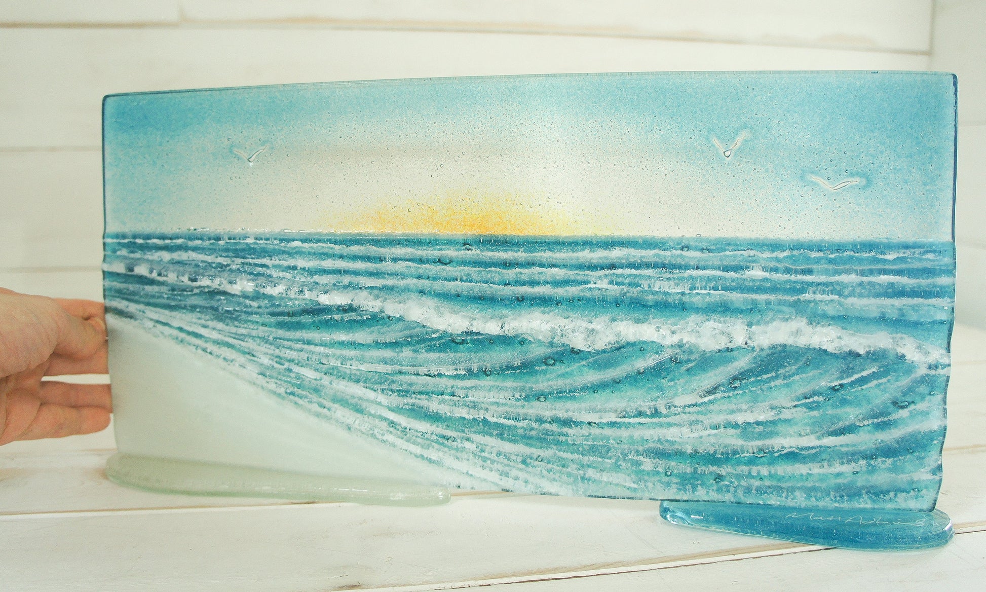 Wave Glass Art Sun 40x20cm(16x8"), Turquoise Teal Wave Panel Stand Seagulls, Fused Glass Ocean, Fused Glass Art, Sea Glass Art