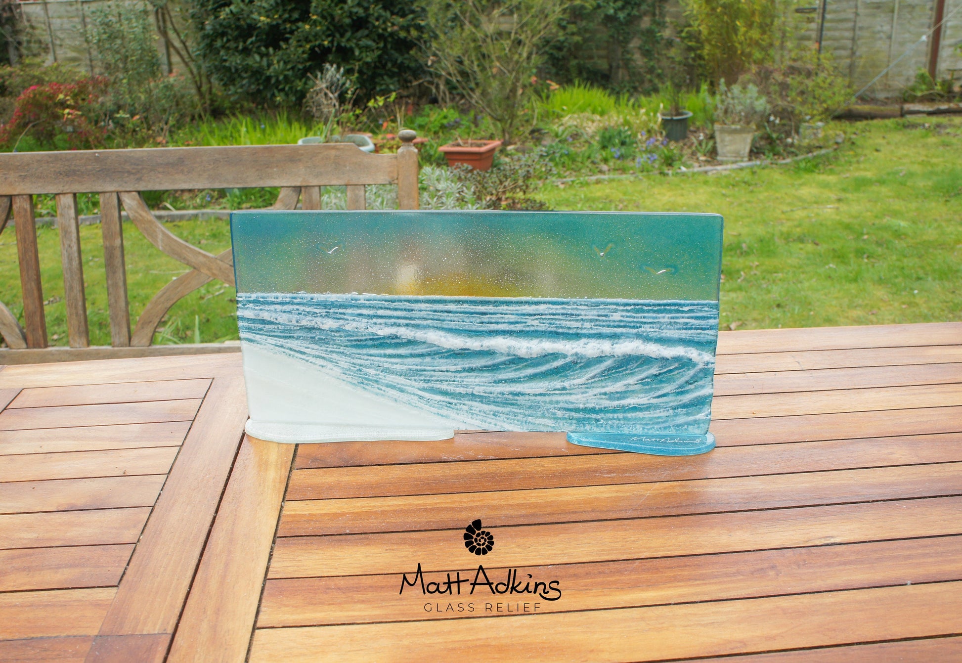 Wave Glass Art Sun 40x20cm(16x8"), Turquoise Teal Wave Panel Stand Seagulls, Fused Glass Ocean, Fused Glass Art, Sea Glass Art