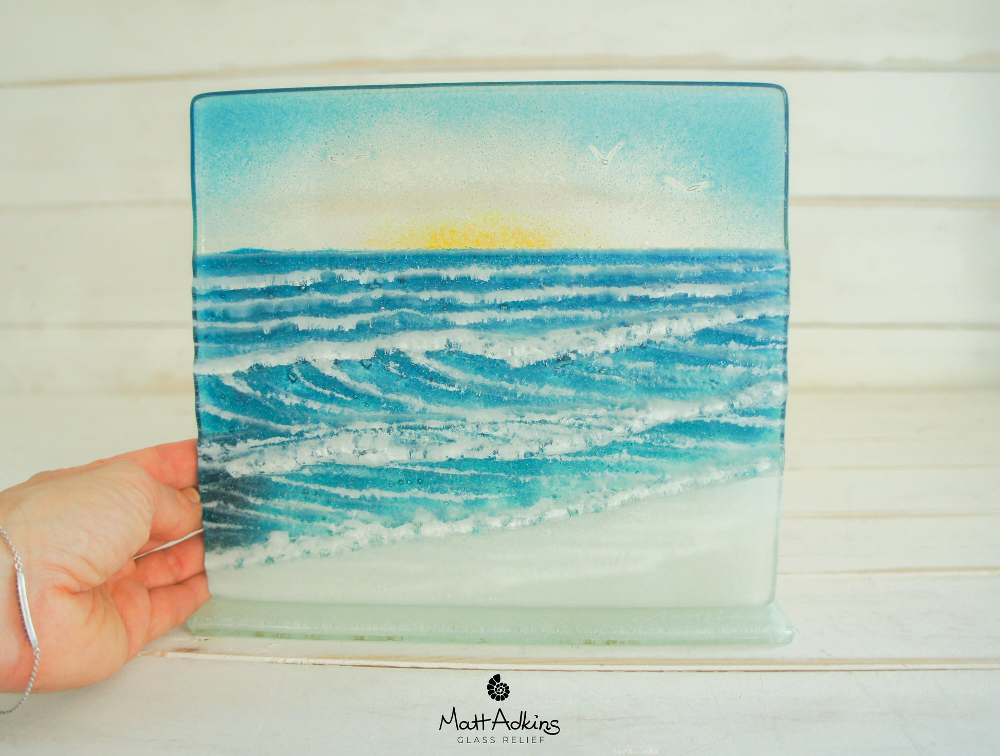 Square Wave Stand Sun 22x20cm(8 1/2x7 3/4"), Breaking Glass Wave, Teal Wave Sea Art, Fused Glass Art, Sea Glass Art, Wave Model 3 Sun
