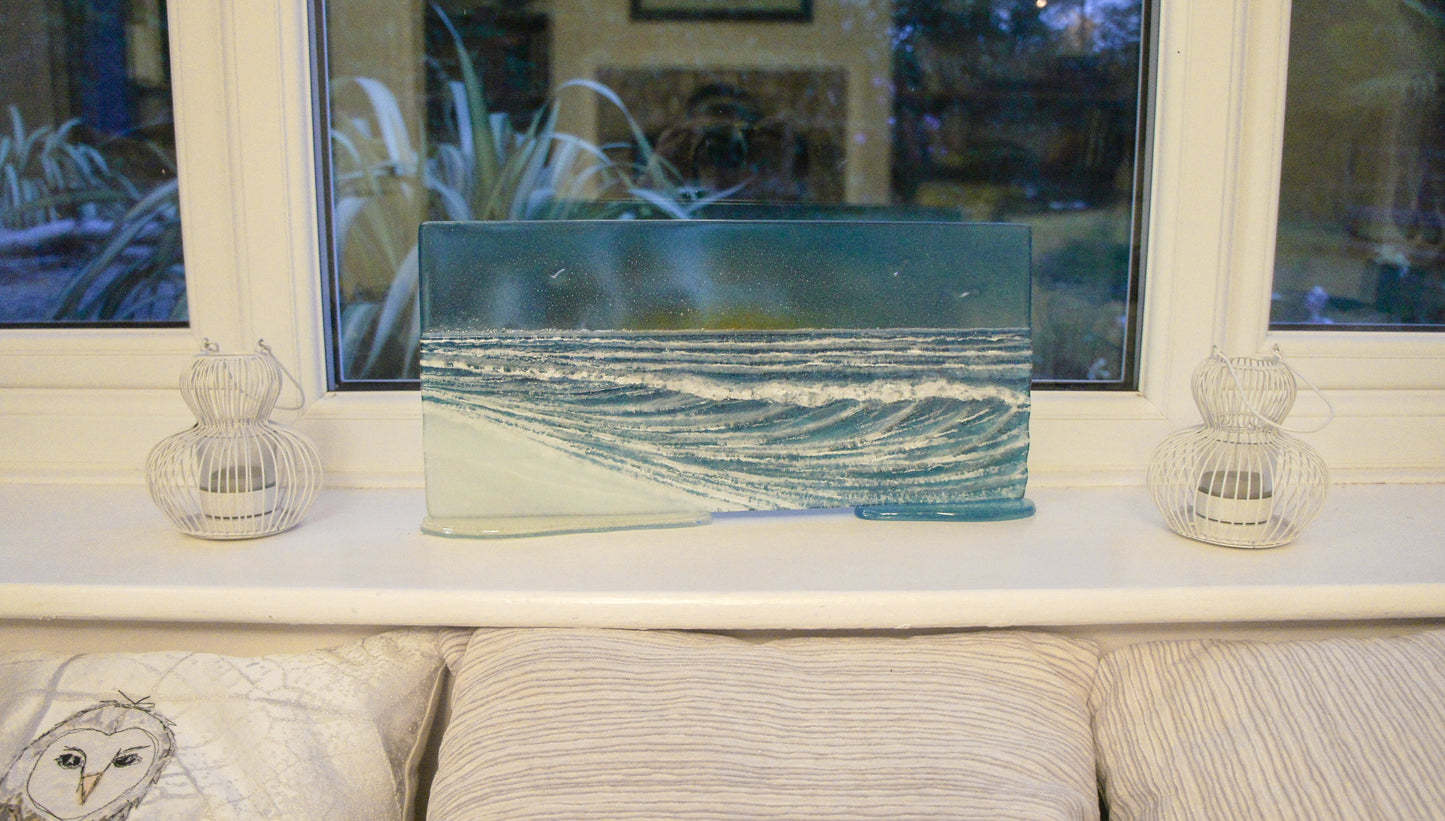 Wave Glass Art Sun 40x20cm(16x8"), Turquoise Teal Wave Panel Stand Seagulls, Fused Glass Ocean, Fused Glass Art, Sea Glass Art