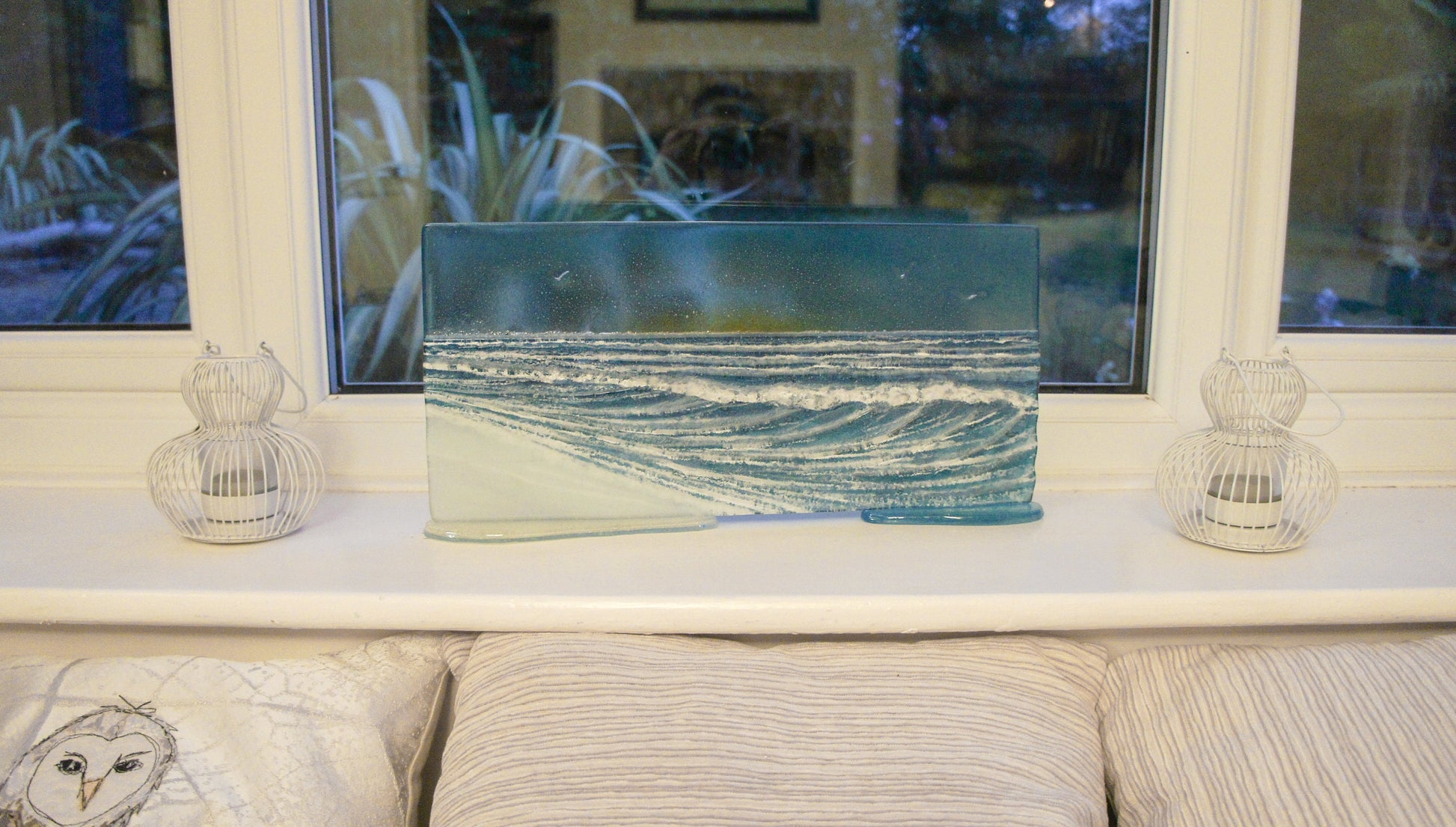 Wave Glass Art Sun 40x20cm(16x8"), Turquoise Teal Wave Panel Stand Seagulls, Fused Glass Ocean, Fused Glass Art, Sea Glass Art