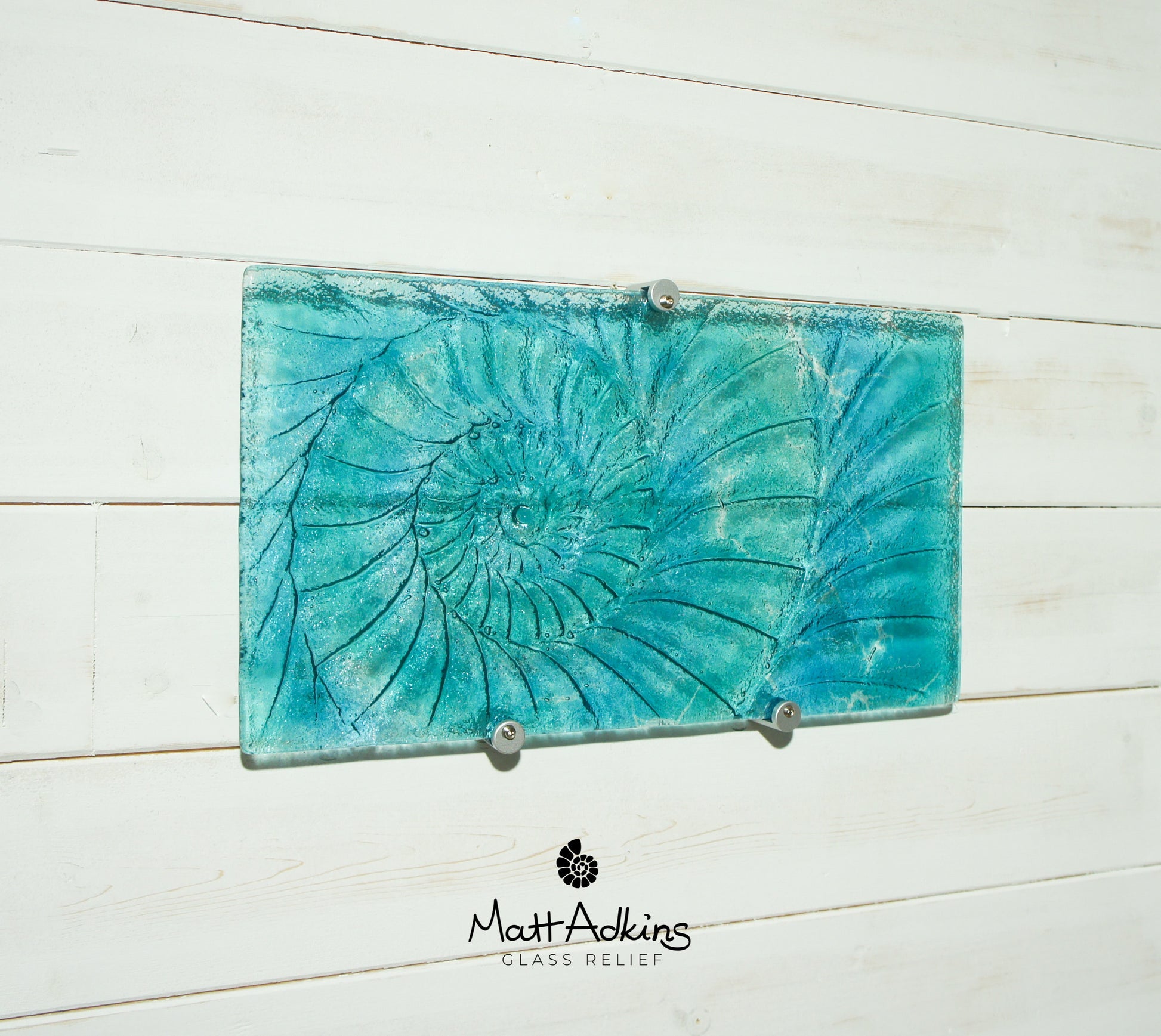 Ammonite Glass Art 42x22cm(16x9"), Turquoise Blue Swirl Landscape Ammonite Fused Glass Abstract Wall Art, Fossil Nautilus Seashell Panel Art