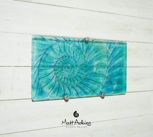 Ammonite Glass Art 42x22cm(16x9"), Turquoise Blue Swirl Landscape Ammonite Fused Glass Abstract Wall Art, Fossil Nautilus Seashell Panel Art
