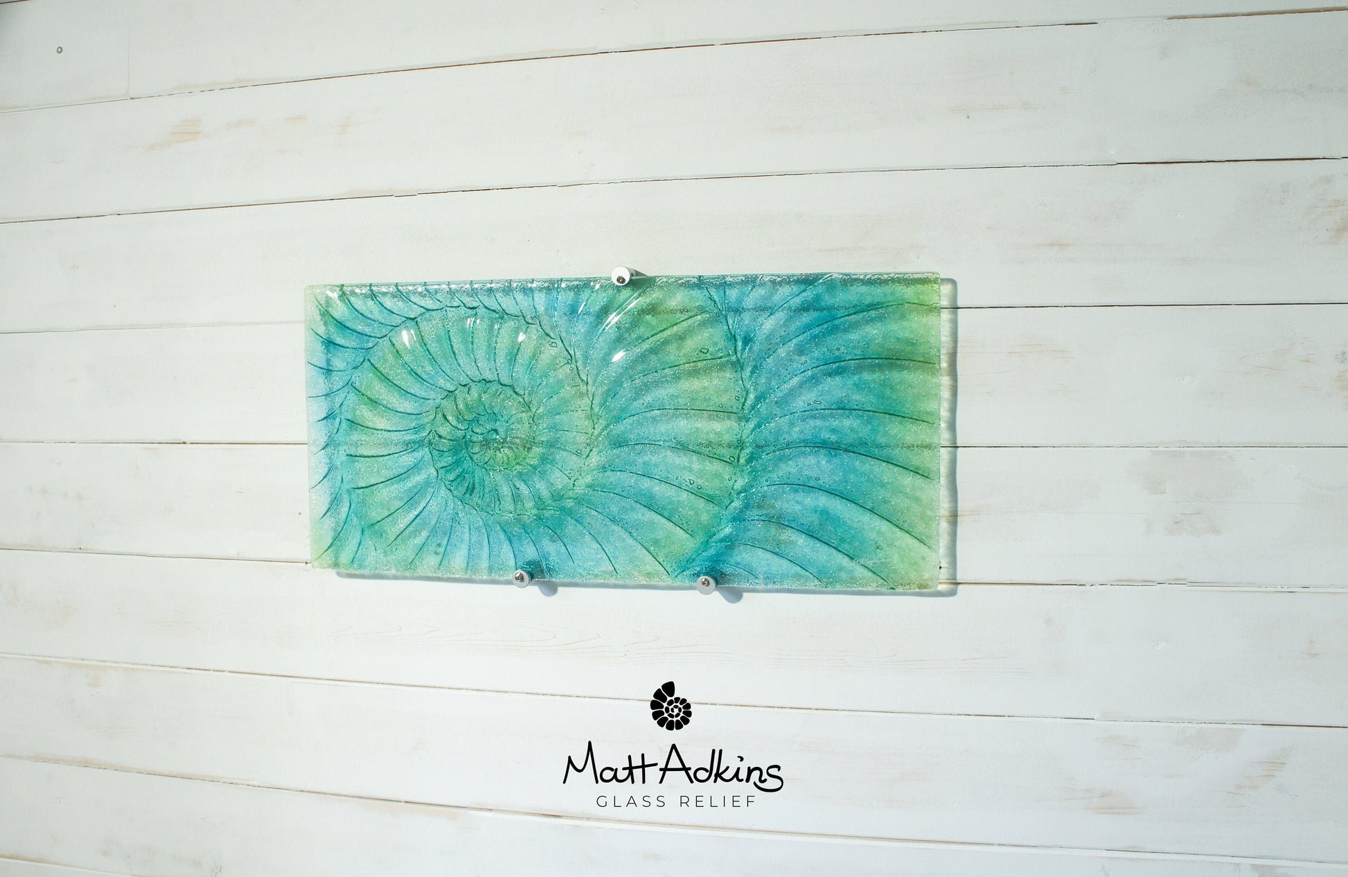 Large Ammonite Glass Art 56x26cm(22x10"), Green Turquoise Blue Swirl Landscape Fossil Fused Glass Wall Sculpture, Nautilus Abstract Art