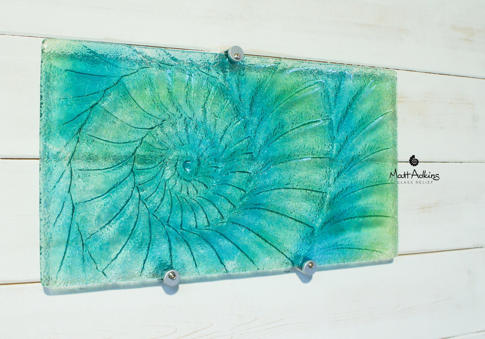 Ammonite Glass Art 42x22cm(16x9"), Blue Green Swirl Landscape Ammonite Fused Glass Wall Art, Fossil Nautilus Picture, bathroom decor