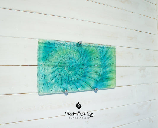 Ammonite Glass Art 42x22cm(16x9"), Blue Green Swirl Landscape Ammonite Fused Glass Wall Art, Fossil Nautilus Picture, bathroom decor