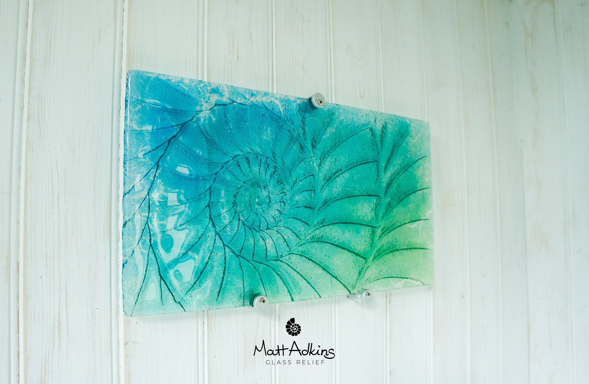 Ammonite Glass Art 42x22cm(16x9"), Blue Teal Green Landscape Ammonite Glass Sculpture Abstract Wall Art, Fossil Nautilus Seashell Picture