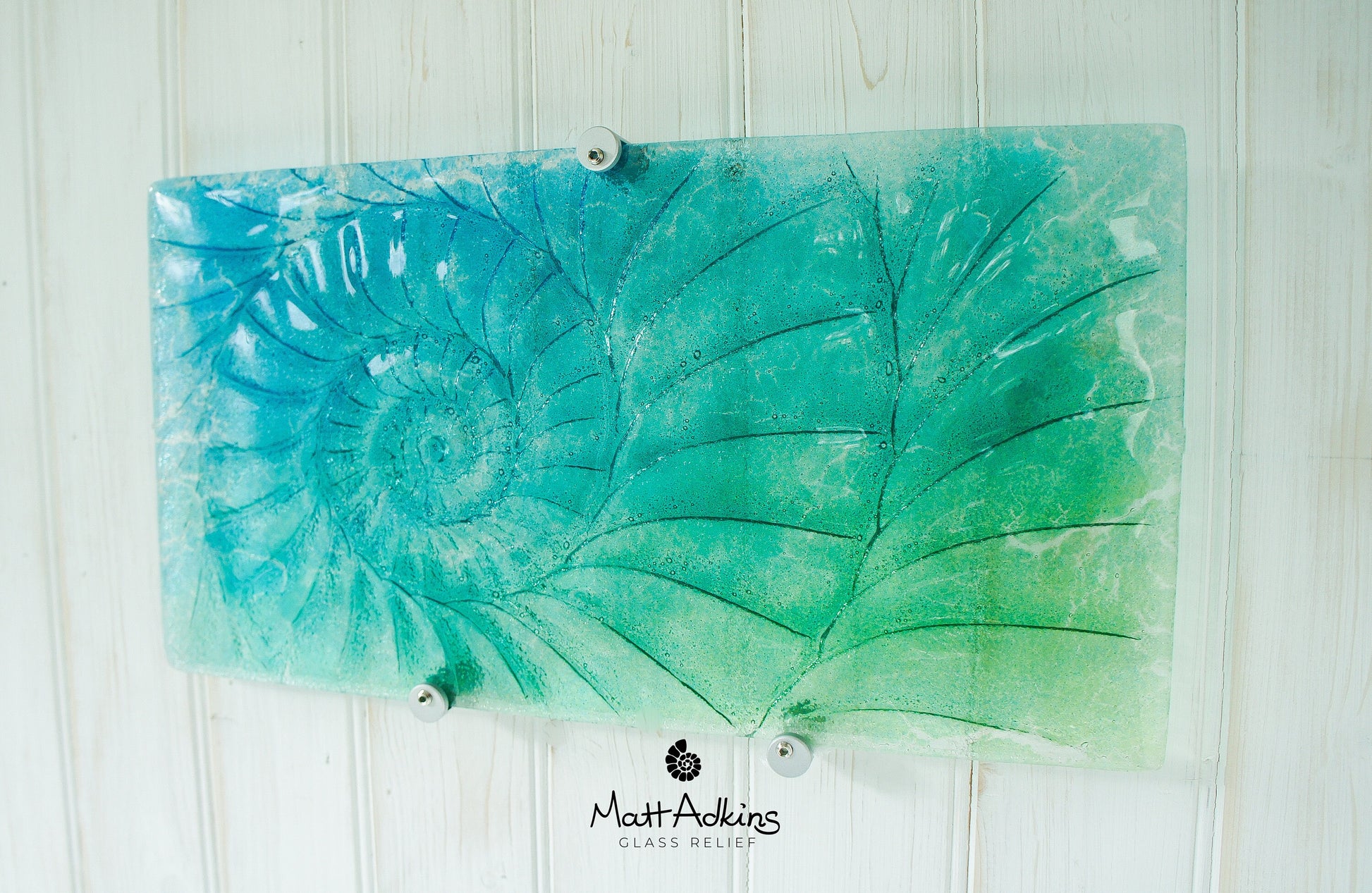 Ammonite Glass Art 42x22cm(16x9"), Blue Teal Green Landscape Ammonite Glass Sculpture Abstract Wall Art, Fossil Nautilus Seashell Picture