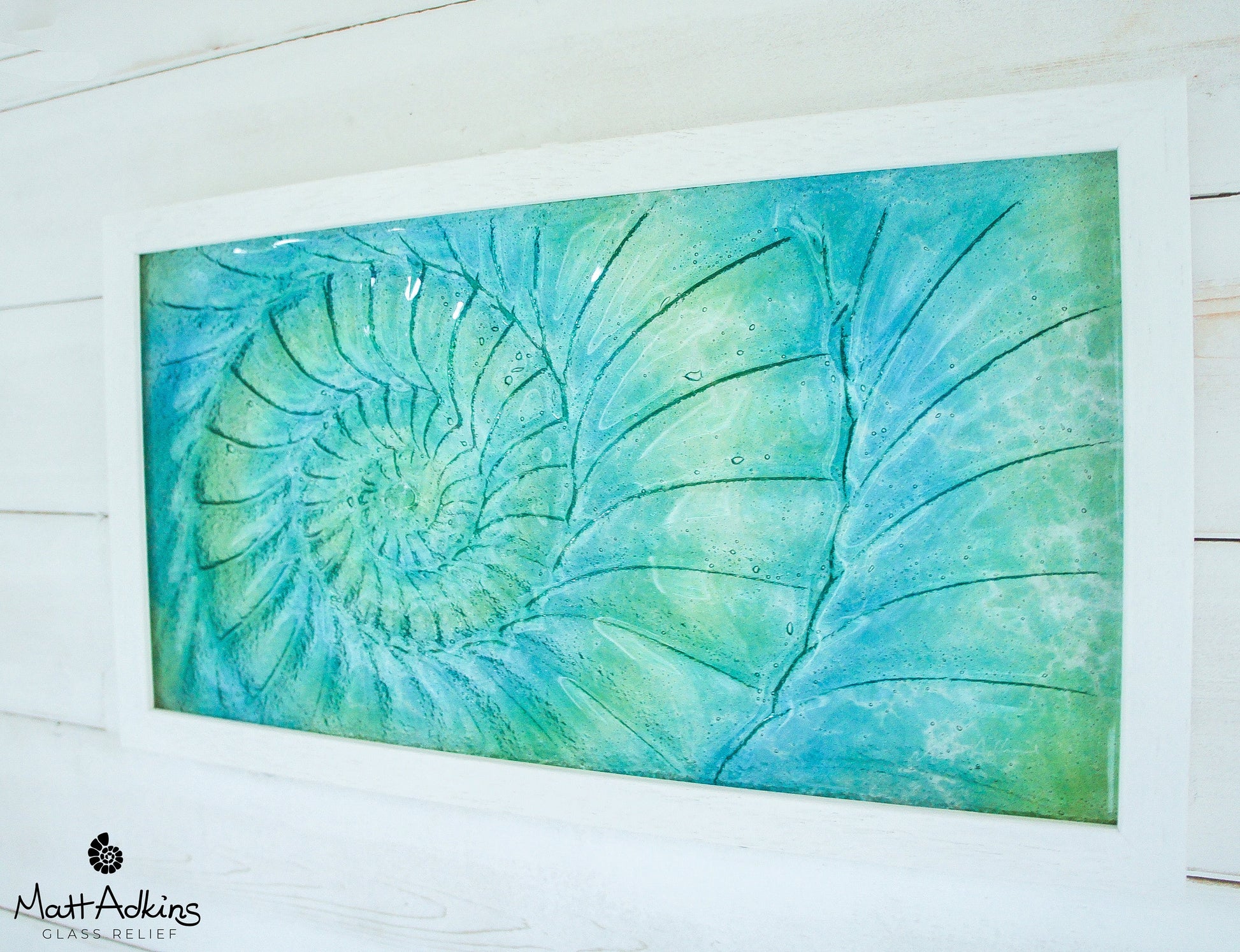 Glass Ammonite Frame 45x25cm (17x10"), Lime Green Turquoise Blue Landscape Frame Wall Art, Ammonite Fossil Nautilus, Shell Picture