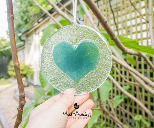 Turquoise Heart Glass Suncatcher 12cm(5"), yard art glass, hanging heart, teal love heart fused glass Decoration, sun catcher, sea glass
