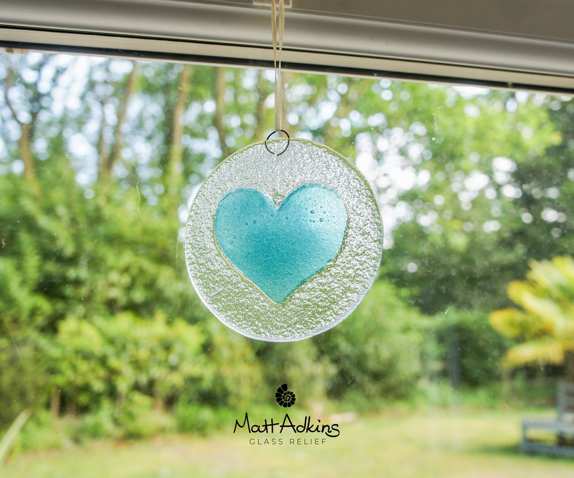 Turquoise Heart Glass Suncatcher 12cm(5"), yard art glass, hanging heart, teal love heart fused glass Decoration, sun catcher, sea glass