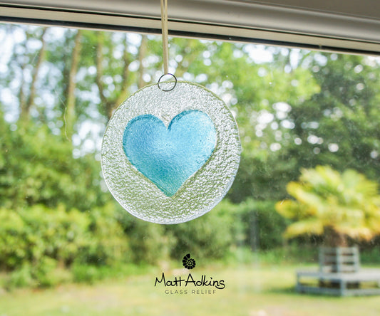 Blue Heart Glass Suncatcher 12cm(5"), blue love heart fused glass hanging window decoration, sun catcher, window hanging glass art, yard art