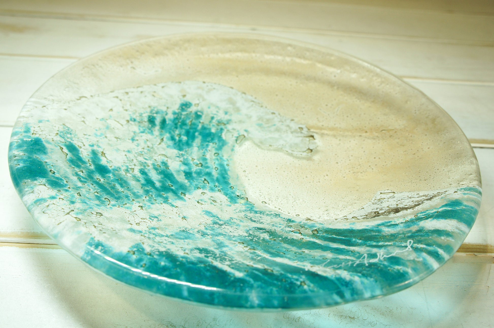 Teal Wave Bowl 20cm(8"), Turquoise Wave Sea Beach Fused Glass Fruit Bowl, beach room decor, seaside gifts, modern art, sea glass ornament