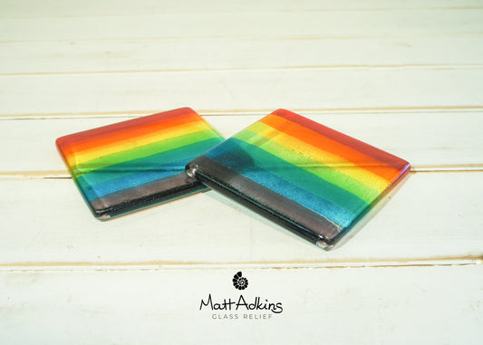 1 Fused Glass Rainbow Coaster, Colourful Fused Glass Coasters, unique handmade coasters gifts 10cm(4&quot;), rainbow lgbtq pride glass, set of 2