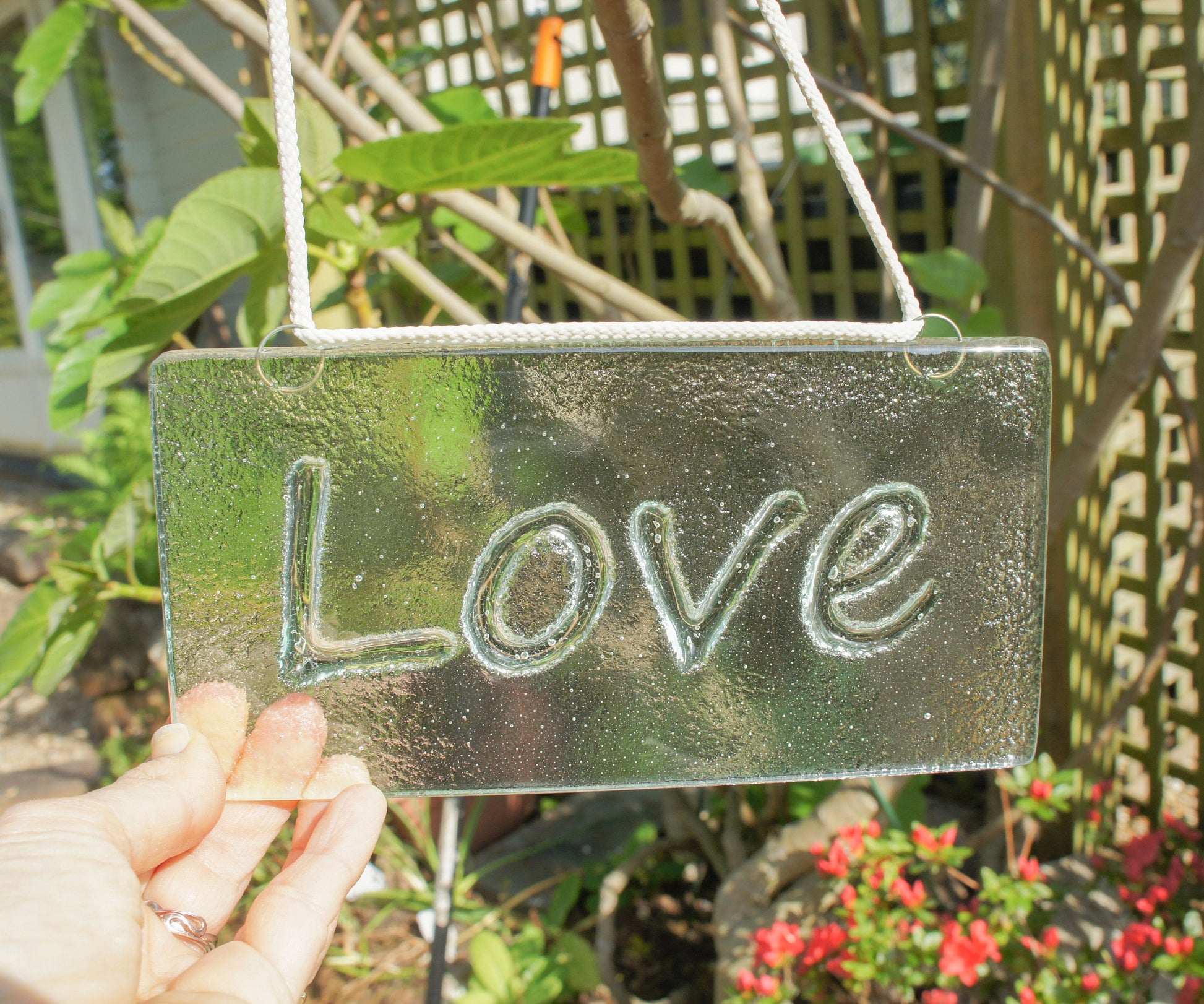 Love Suncatcher 20x10cm(8x4")| Love Sign Fused Glass Clear Hanging Suncatcher | love word sign | Handmade Window Decoration Art