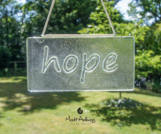 Hope Suncatcher 20x10cm(8x4") ,Sign Fused Glass Clear Hanging Suncatcher, Handmade Window Decoration Art, glass suncatcher