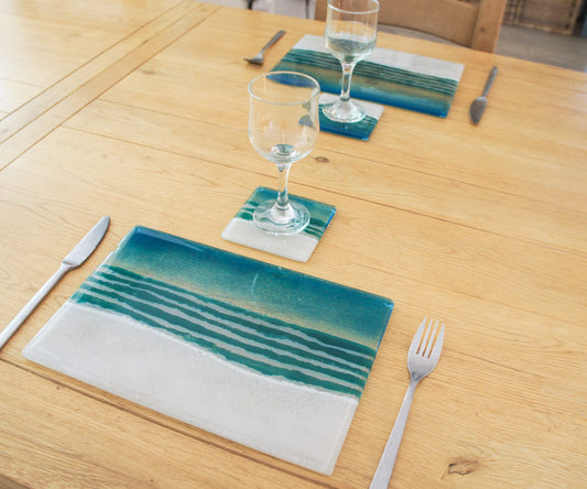 Beach Placemat + coaster, Turquoise Beach Fused Glass Sea Table Mats 30x20cm(11 3/4x8 1/4") with coaster 10cm, Coastal House Glass Tableware