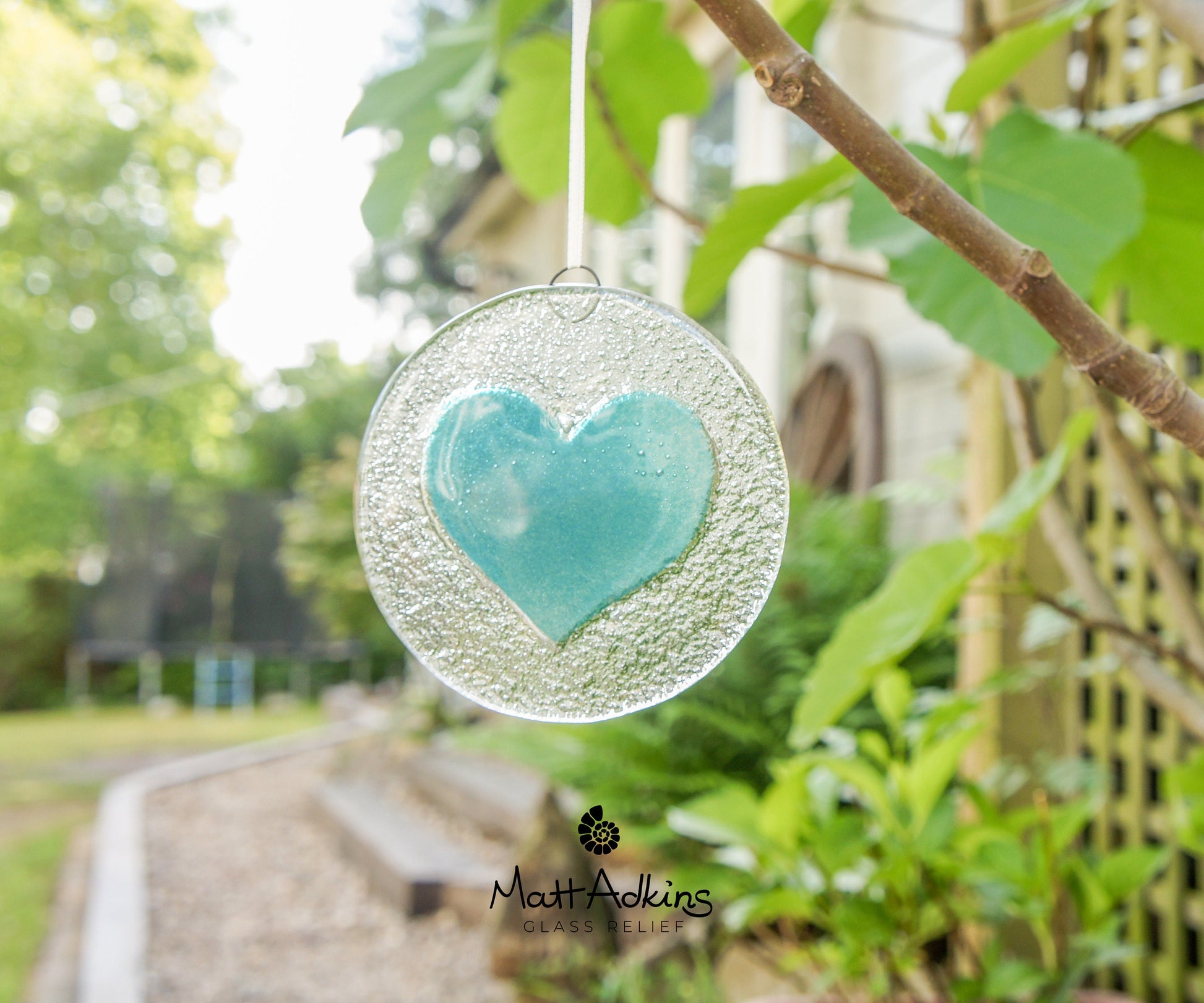 Turquoise Heart Glass Suncatcher 12cm(5"), yard art glass, hanging heart, teal love heart fused glass Decoration, sun catcher, sea glass