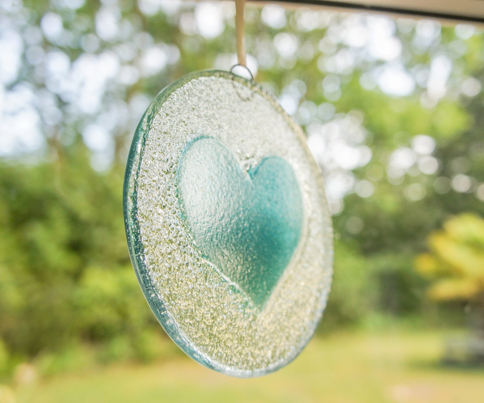 Turquoise Heart Glass Suncatcher 12cm(5"), yard art glass, hanging heart, teal love heart fused glass Decoration, sun catcher, sea glass