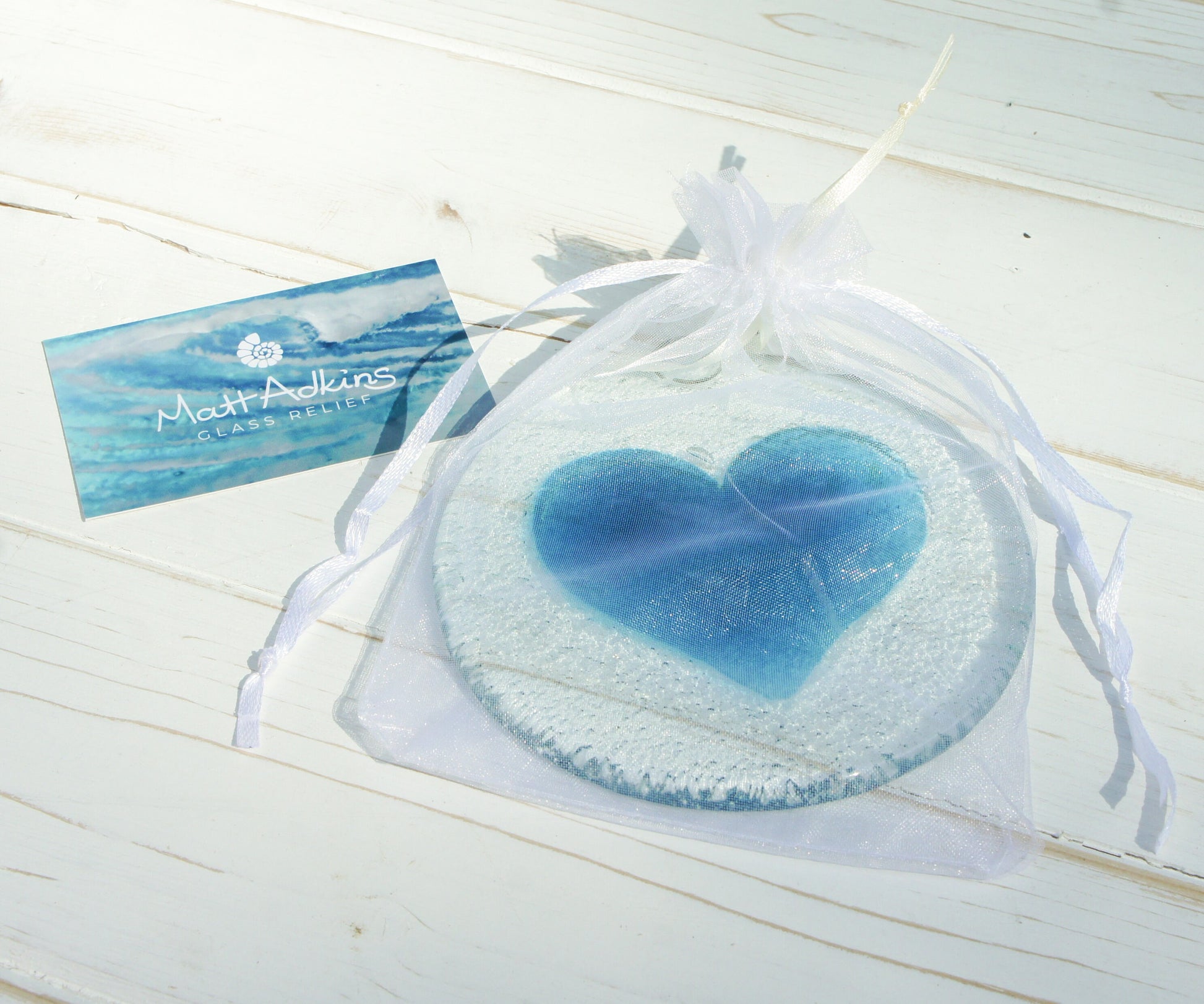 Blue Heart Glass Suncatcher 12cm(5"), blue love heart fused glass hanging window decoration, sun catcher, window hanging glass art, yard art