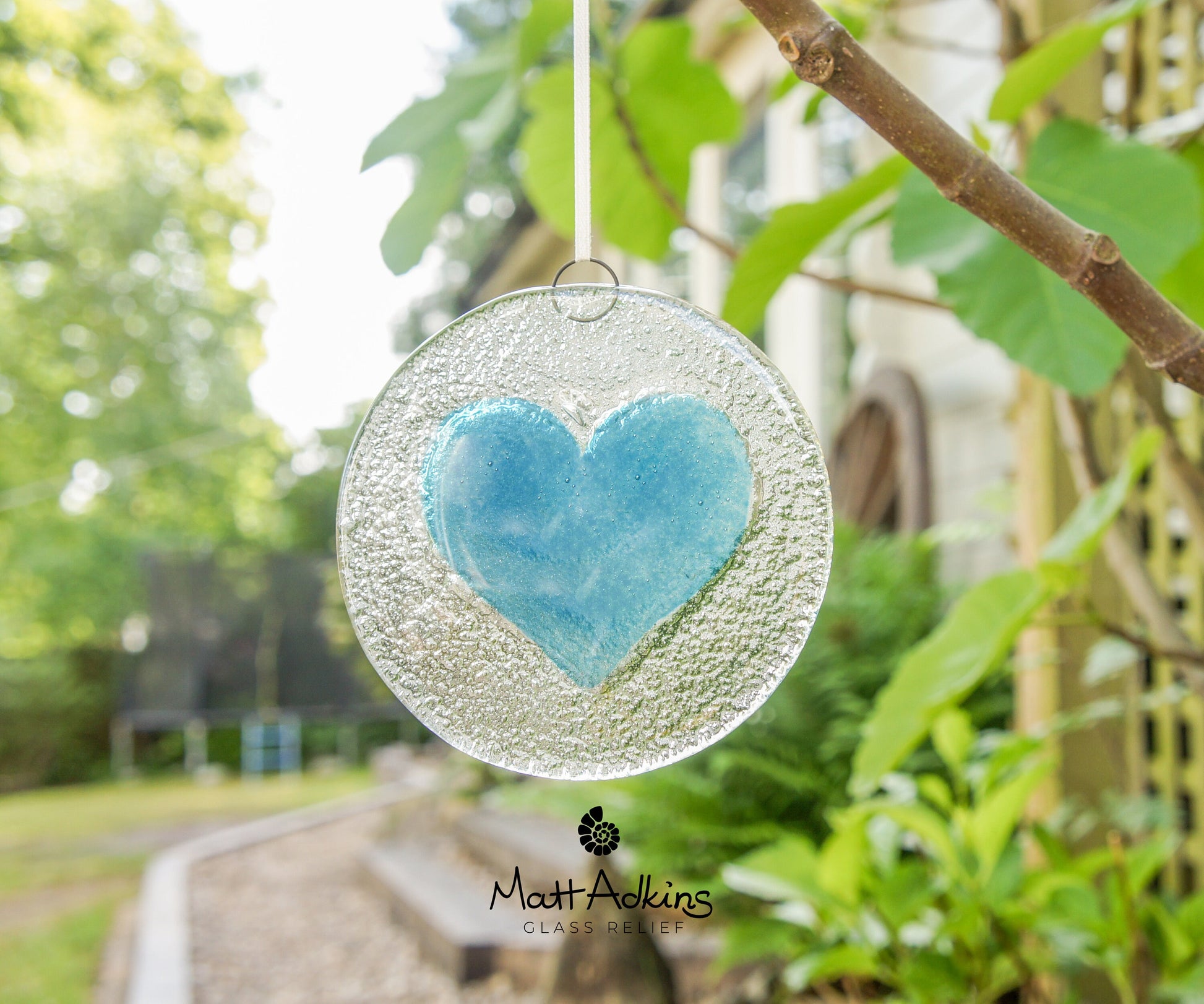 Blue Heart Glass Suncatcher 12cm(5"), blue love heart fused glass hanging window decoration, sun catcher, window hanging glass art, yard art