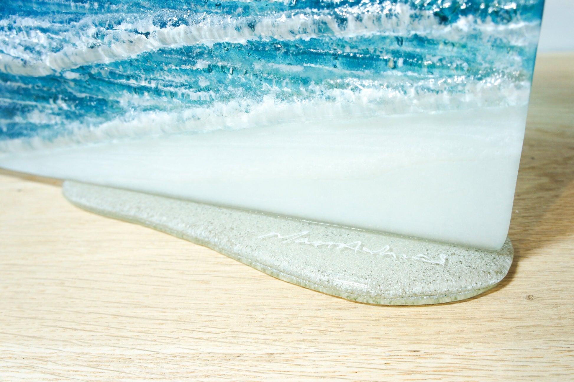 Wave Glass Art 40x20cm(16x8") Suncatcher, Turquoise Blue Wave Panel Freestanding D2, Fused Glass Sea Art, Coastal Scene, Glass Art Sculpture