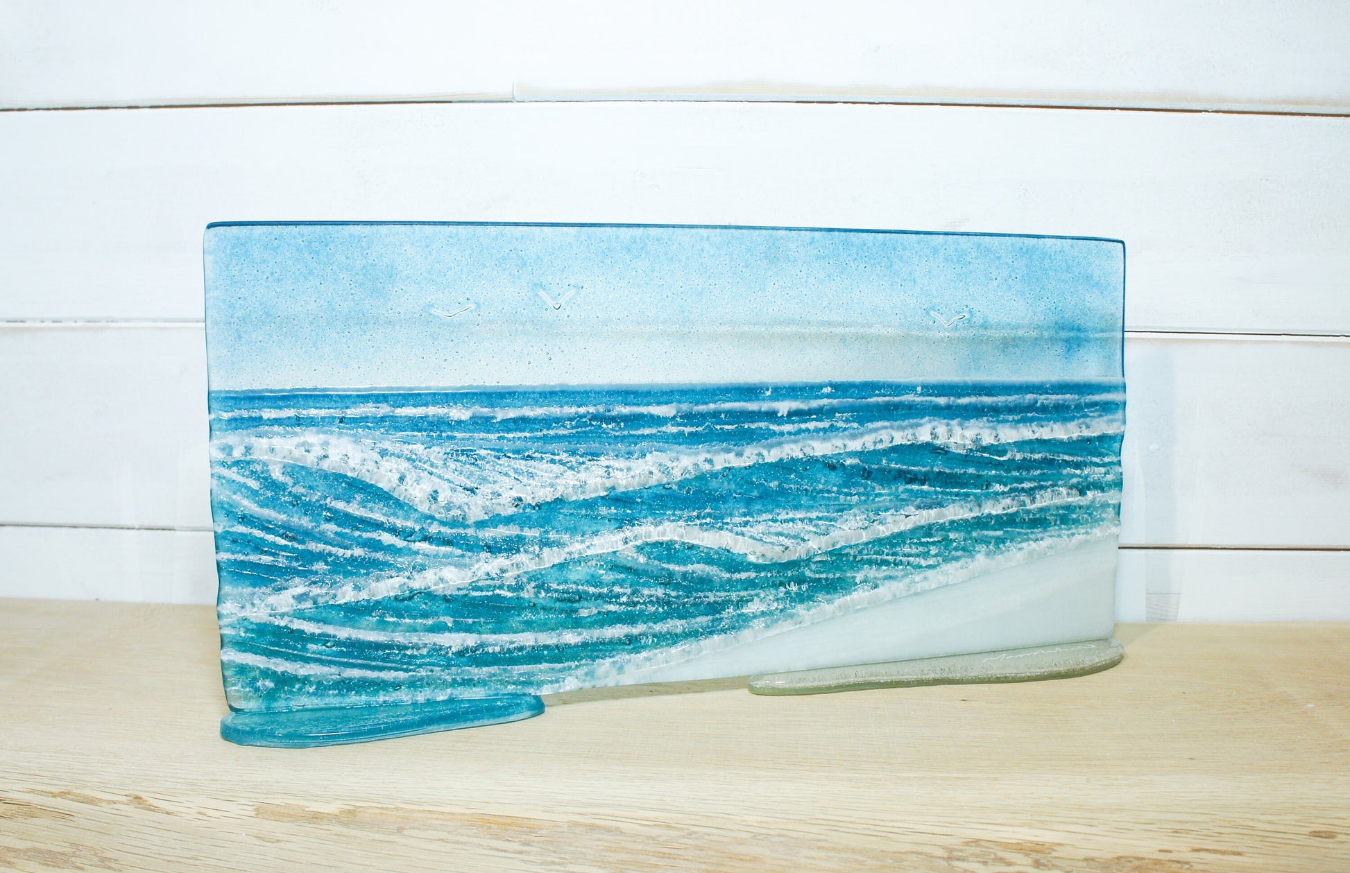 Wave Glass Art 40x20cm(16x8") Suncatcher, Turquoise Blue Wave Panel Freestanding D2, Fused Glass Sea Art, Coastal Scene, Glass Art Sculpture