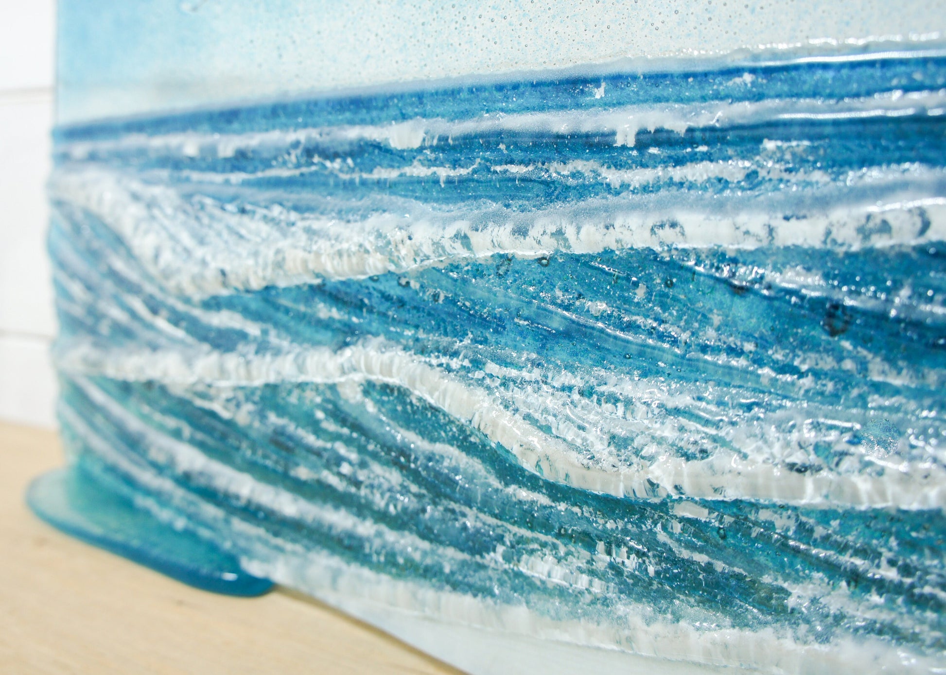 Wave Glass Art 40x20cm(16x8") Suncatcher, Turquoise Blue Wave Panel Freestanding D2, Fused Glass Sea Art, Coastal Scene, Glass Art Sculpture