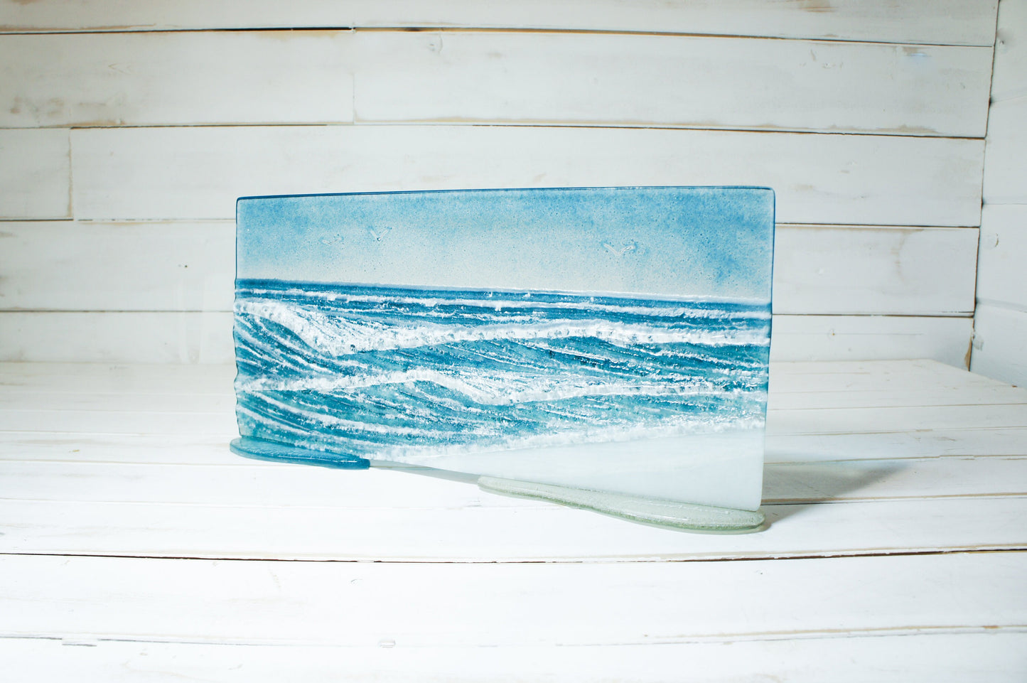 Wave Glass Art 40x20cm(16x8") Suncatcher, Turquoise Blue Wave Panel Freestanding D2, Fused Glass Sea Art, Coastal Scene, Glass Art Sculpture