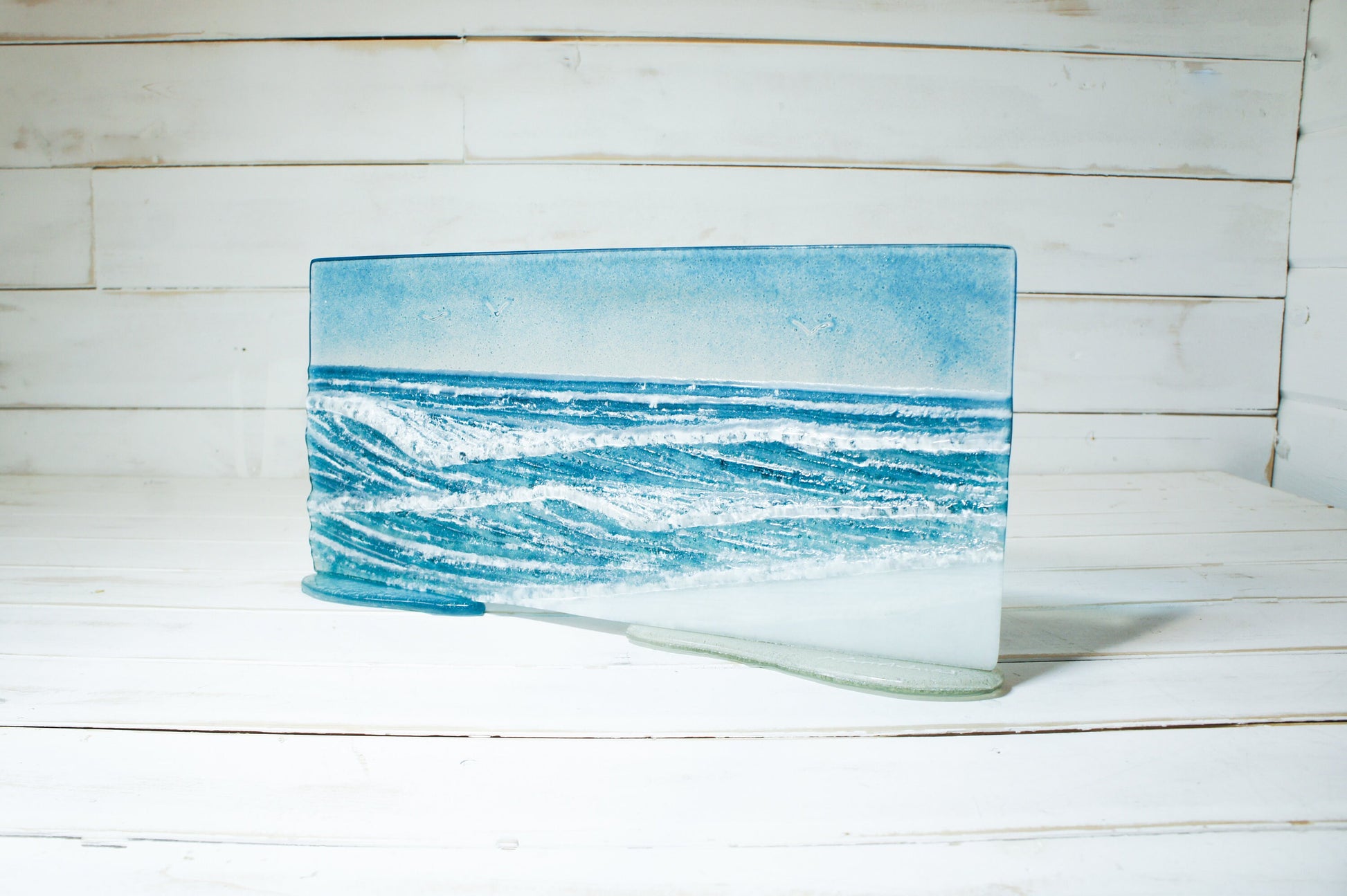 Wave Glass Art 40x20cm(16x8") Suncatcher, Turquoise Blue Wave Panel Freestanding D2, Fused Glass Sea Art, Coastal Scene, Glass Art Sculpture