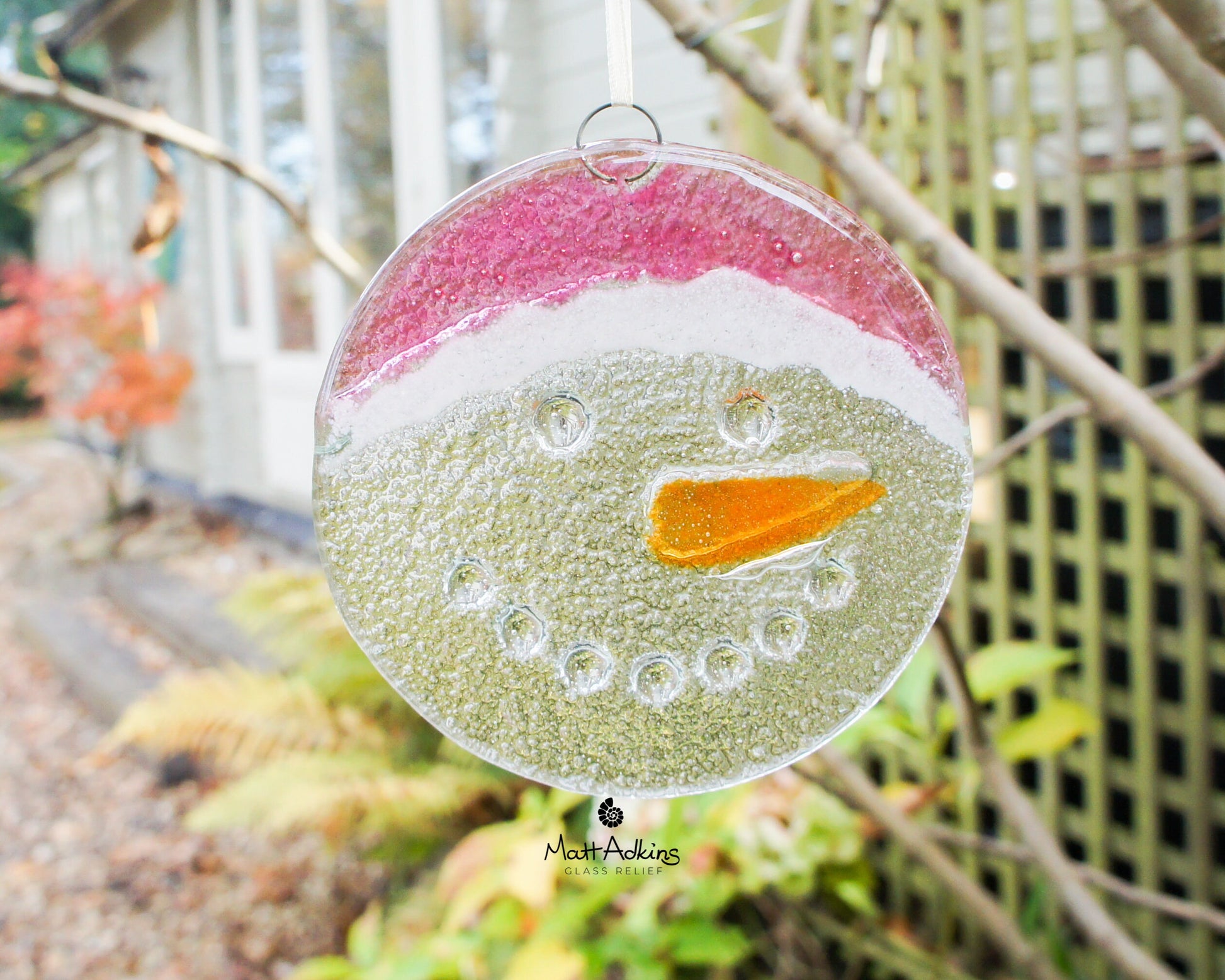 Snowman Suncatcher 12cm(5") cherry pink hat | Christmas Glass Hanging Window Decoration | Fused Glass Suncatcher snowman hanging