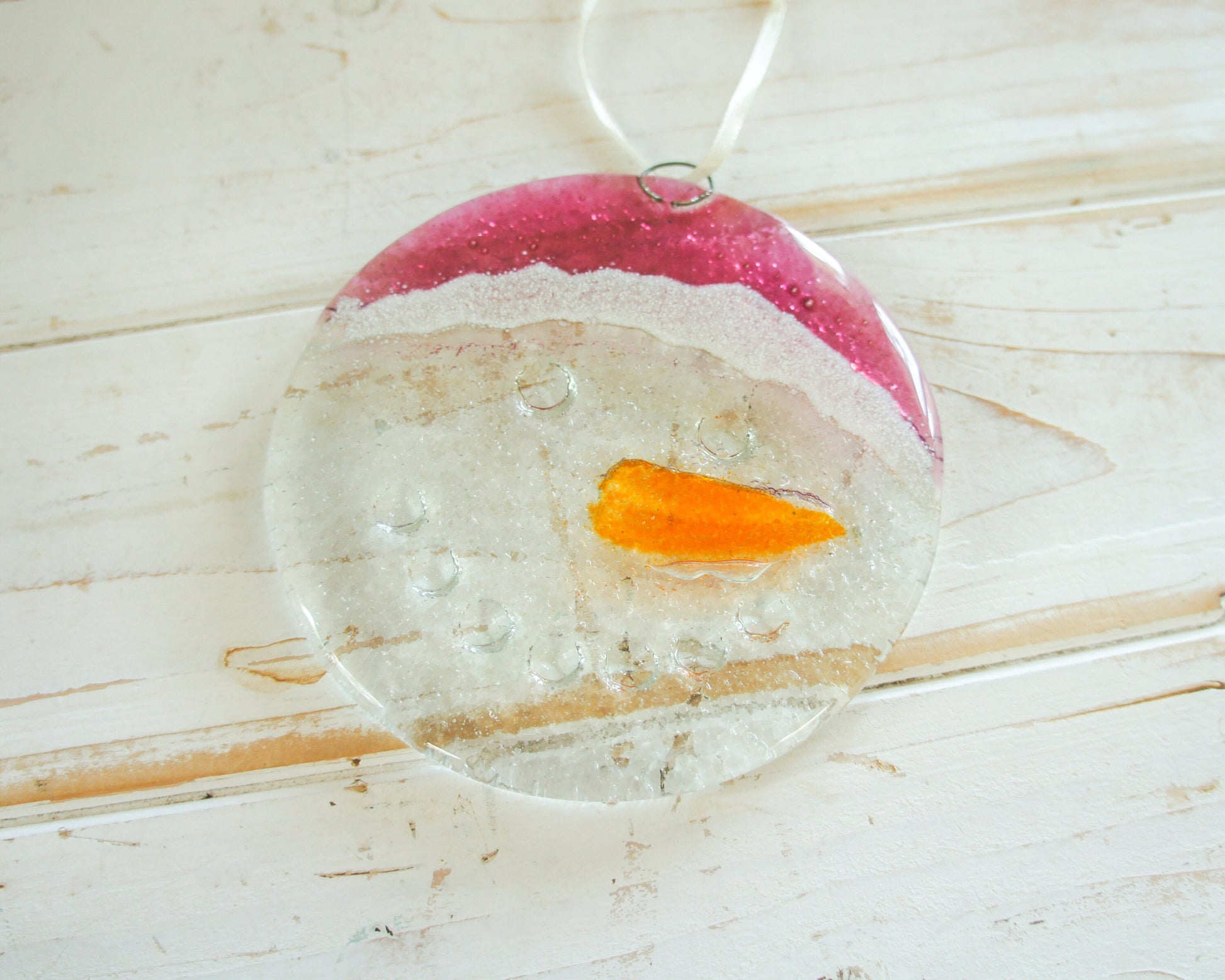 Snowman Suncatcher 12cm(5") cherry pink hat | Christmas Glass Hanging Window Decoration | Fused Glass Suncatcher snowman hanging