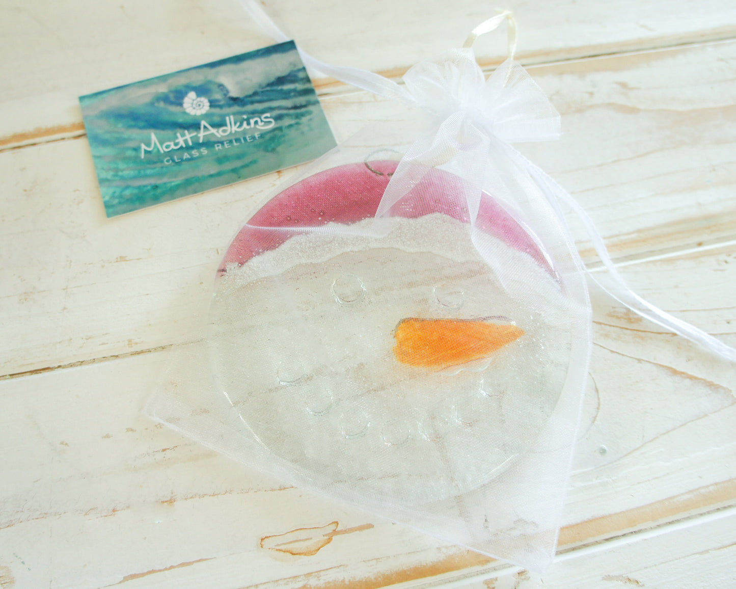 Snowman Suncatcher 12cm(5") cherry pink hat | Christmas Glass Hanging Window Decoration | Fused Glass Suncatcher snowman hanging