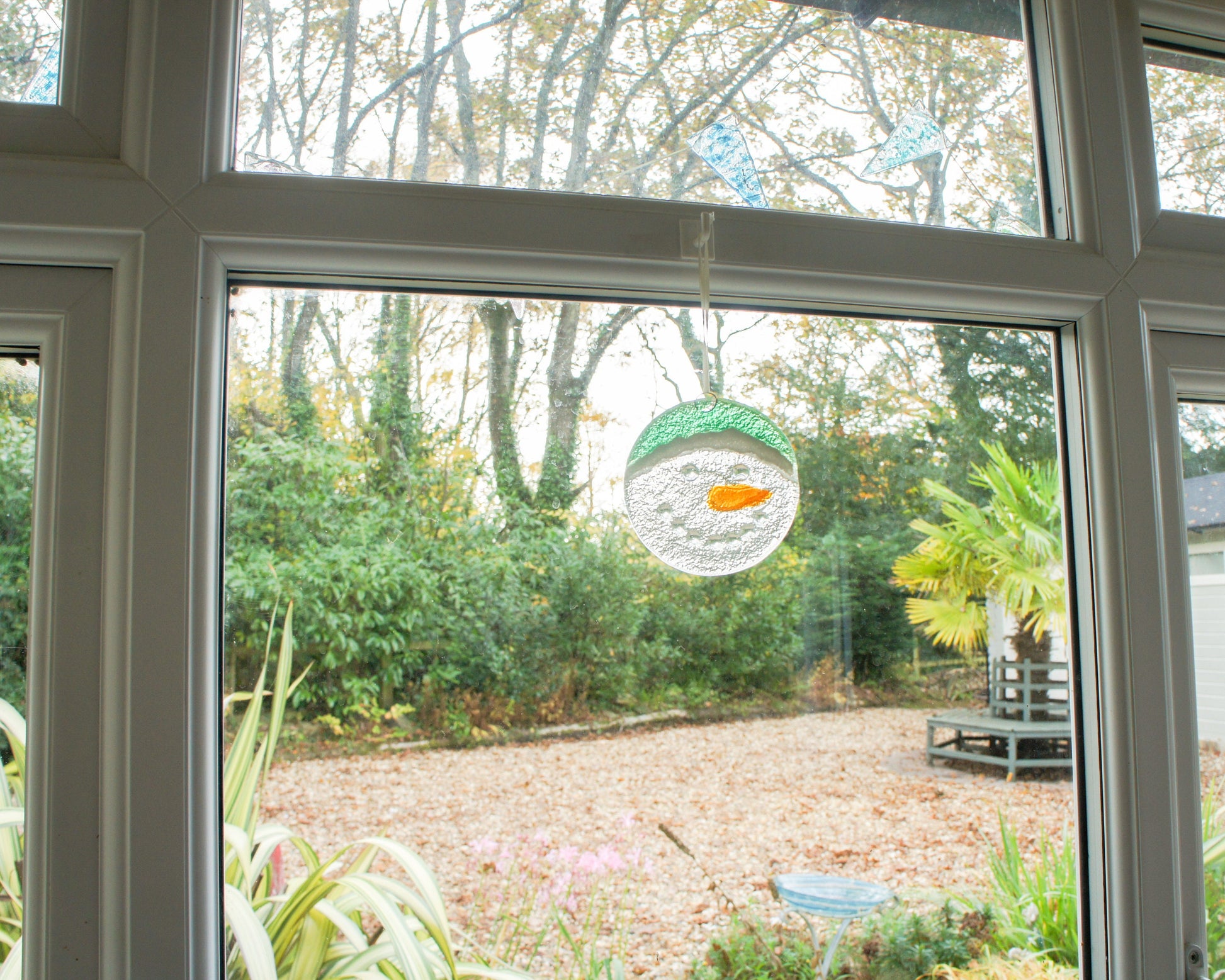 Snowman Suncatcher 12cm(5") green hat | Christmas Glass Hanging Window Decoration | Fused Glass Suncatcher snowman hanging