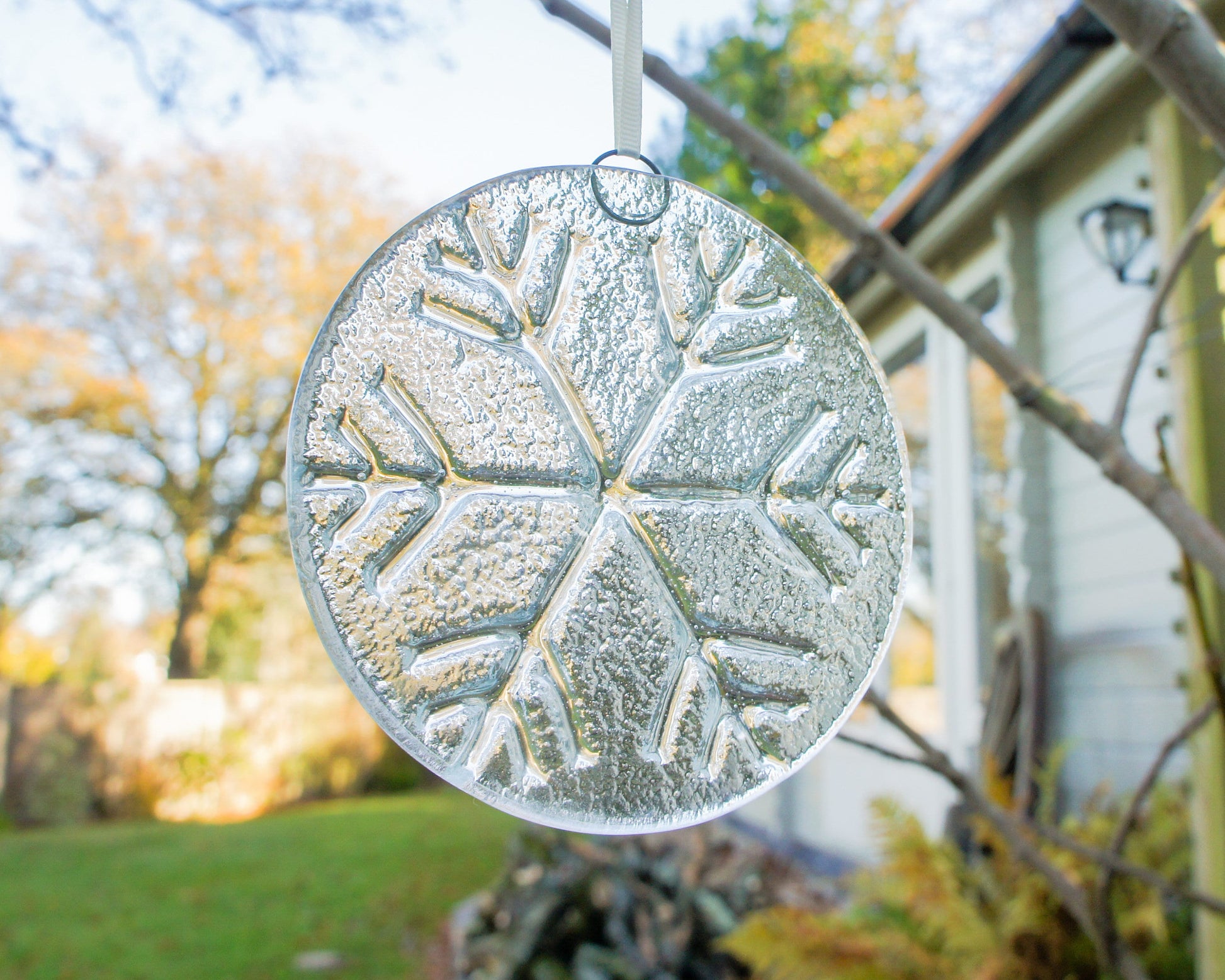 Snowflake Suncatcher 12cm(5") Turquoise and/or Clear Design 1 | Snowflake Winter Christmas Glass Hanging Window Decor | Fused Glass Round
